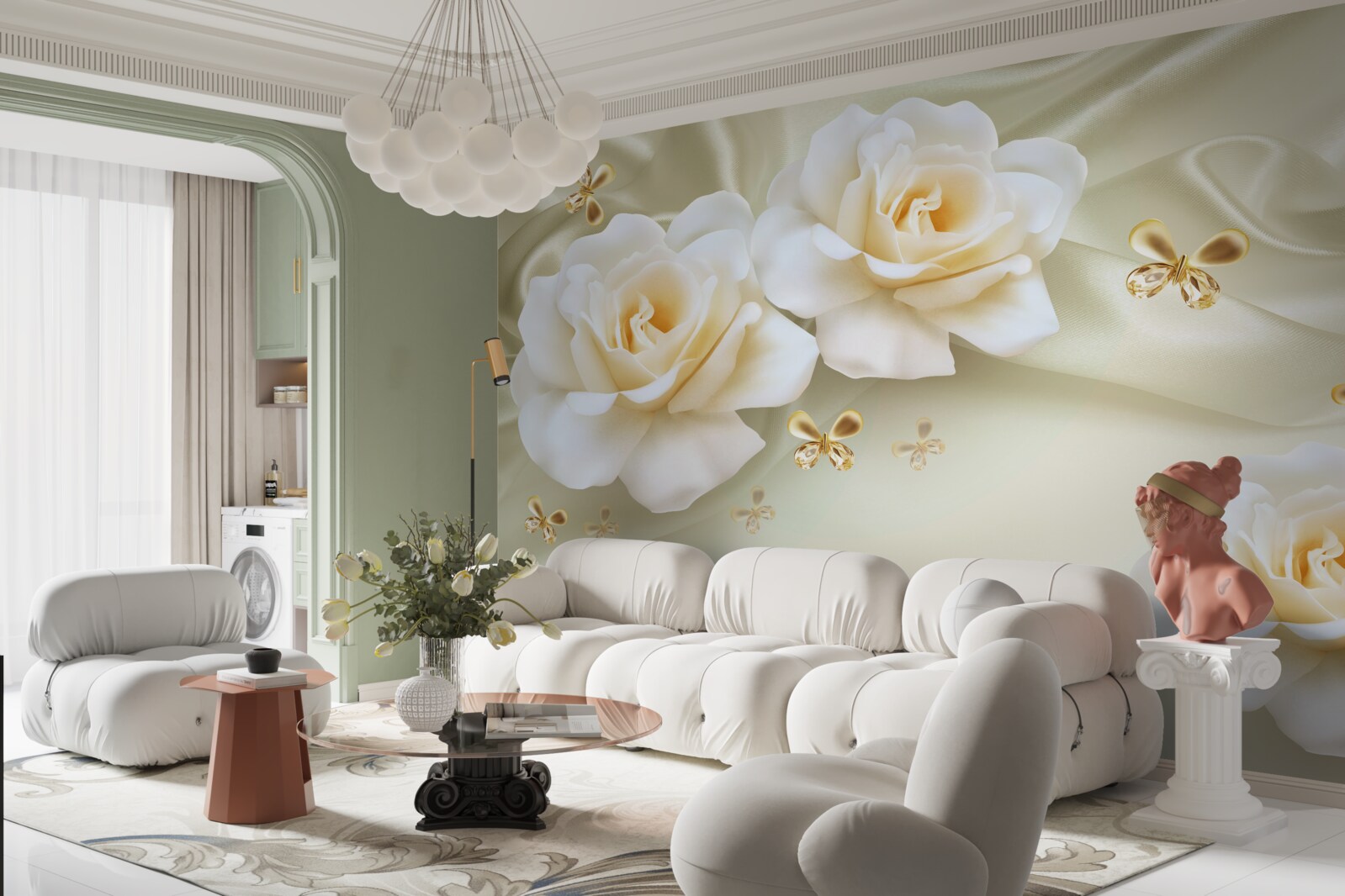 Фотошпалери кремові троянди на світлому фоні