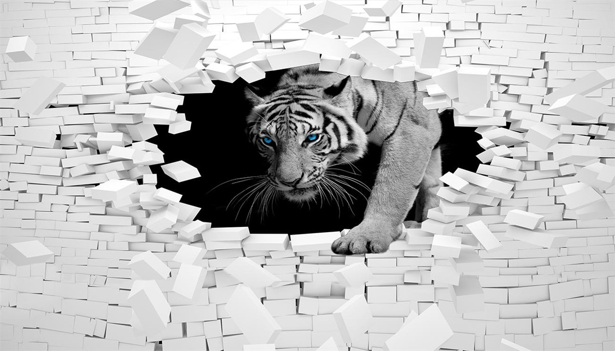 Фотошпалери тигр руйнує цегляну стіну