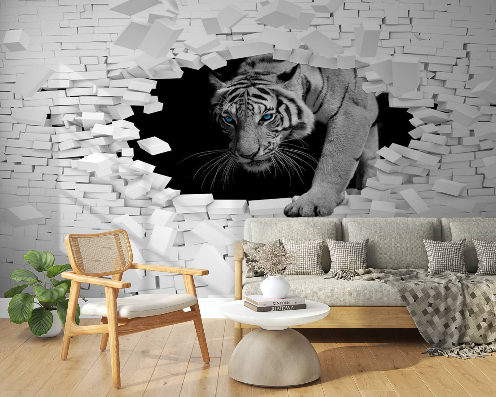 Фотошпалери тигр руйнує цегляну стіну