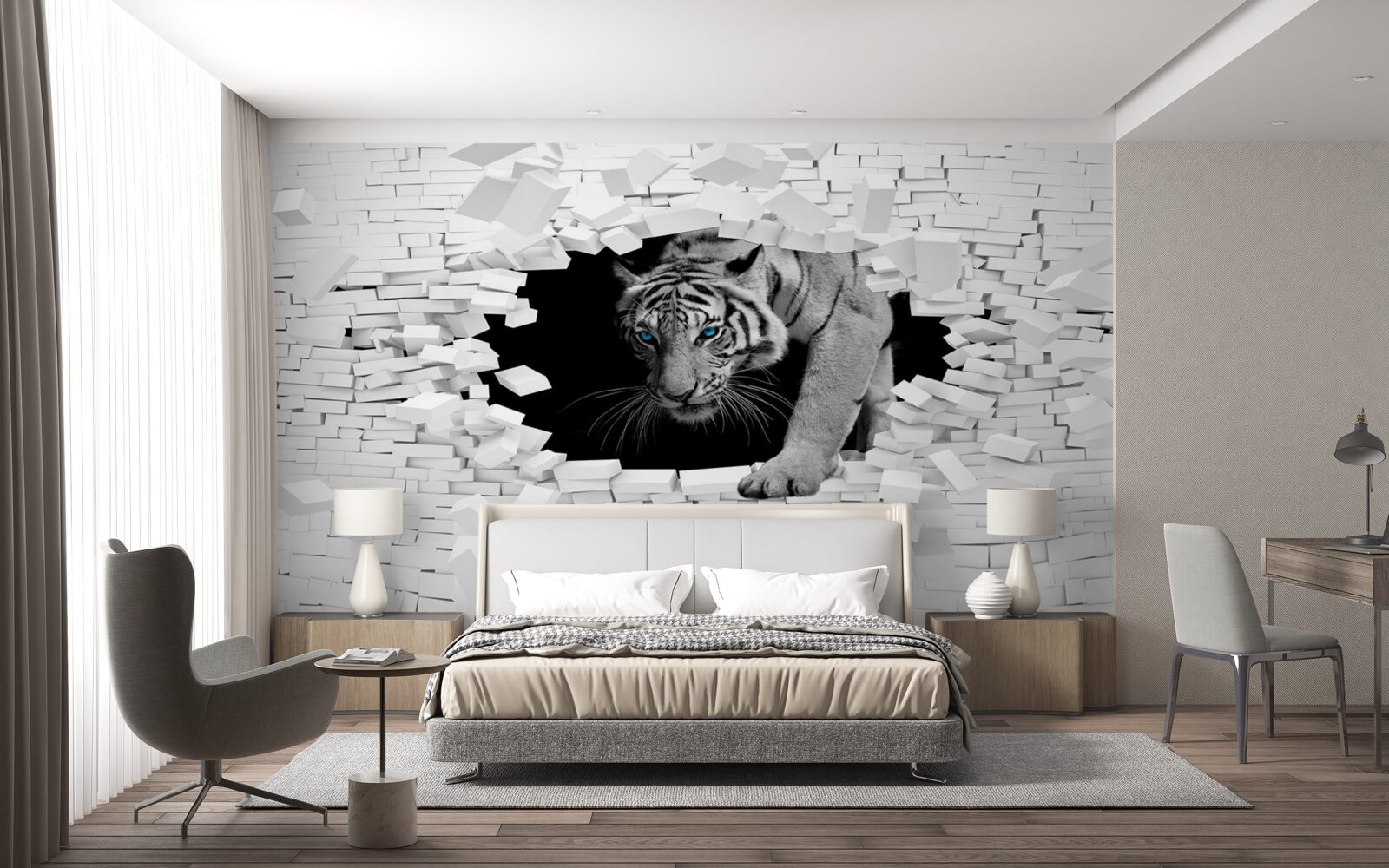 Фотошпалери тигр руйнує цегляну стіну