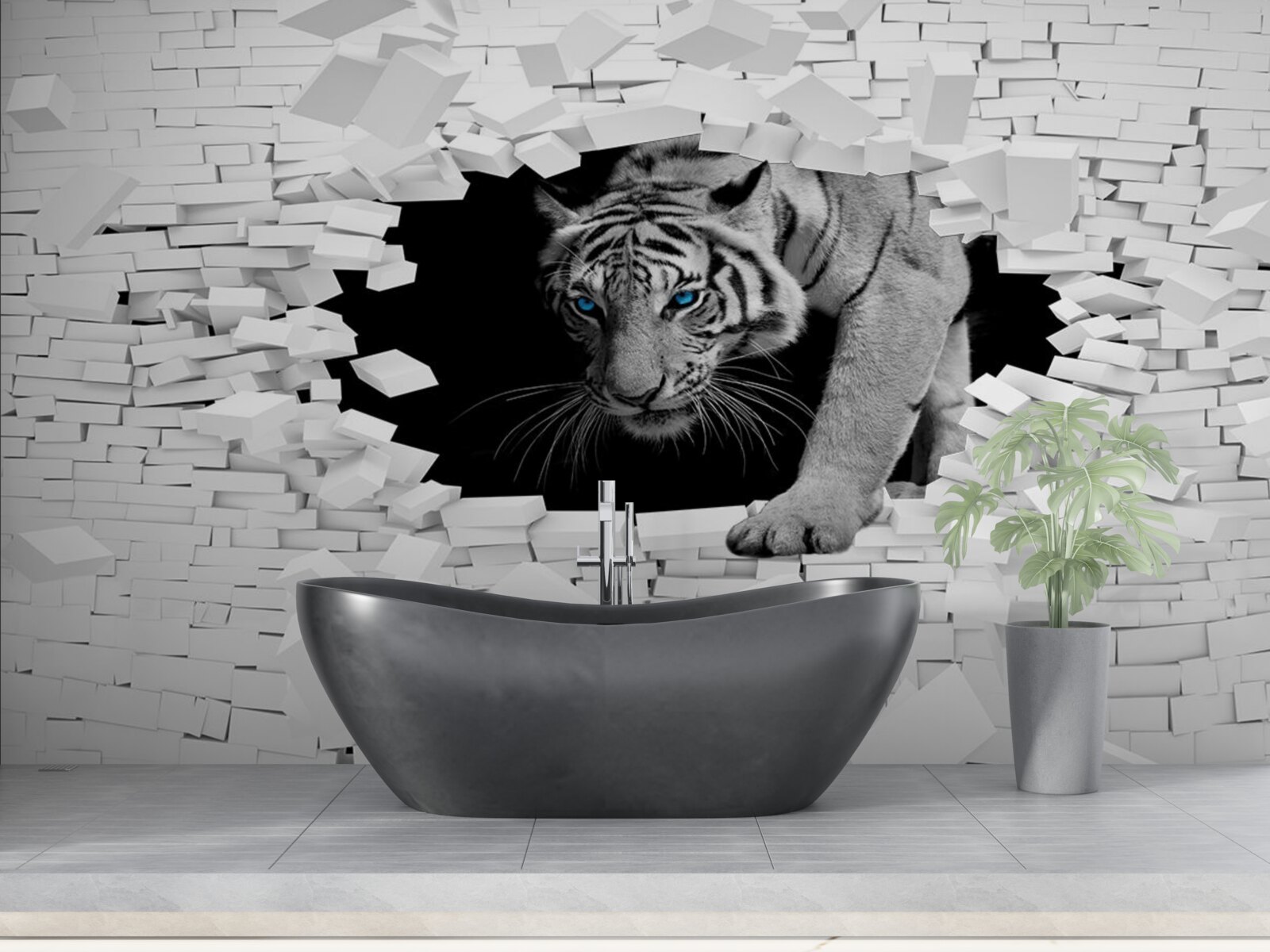 Фотошпалери тигр руйнує цегляну стіну