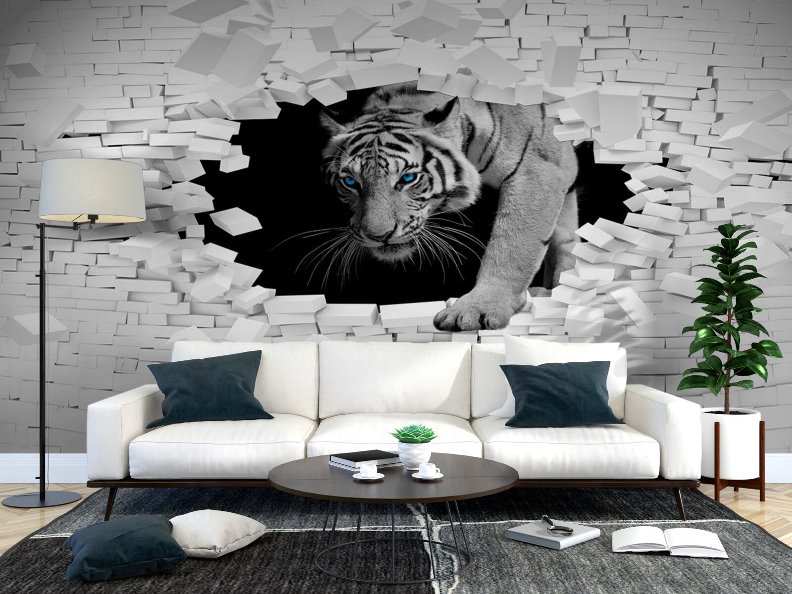 Фотошпалери тигр руйнує цегляну стіну