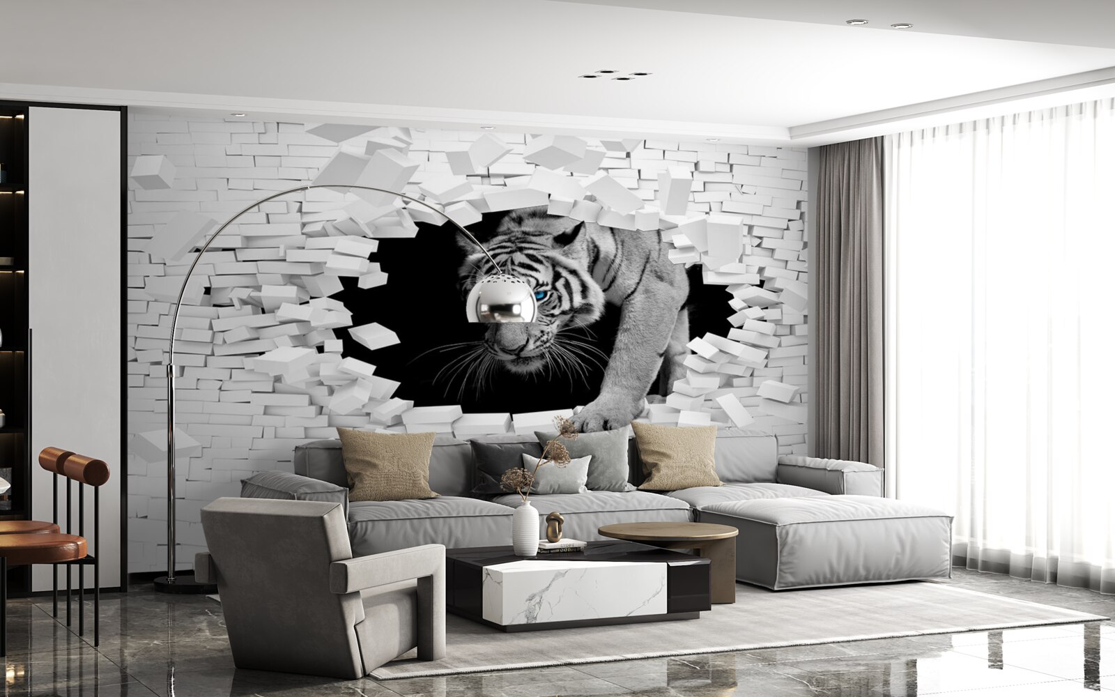 Фотошпалери тигр руйнує цегляну стіну