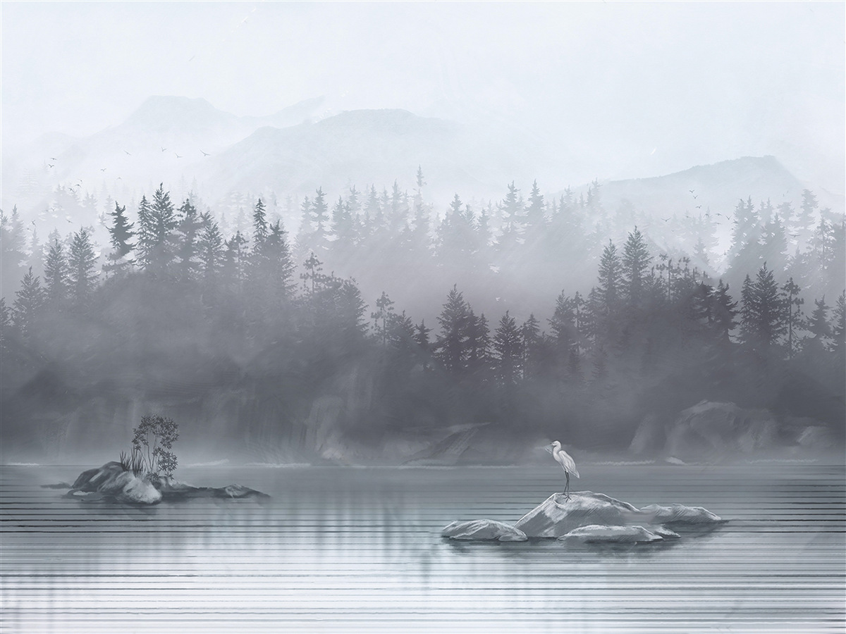 Фотошпалери Журавель живе самотньо на скелі посеред озера