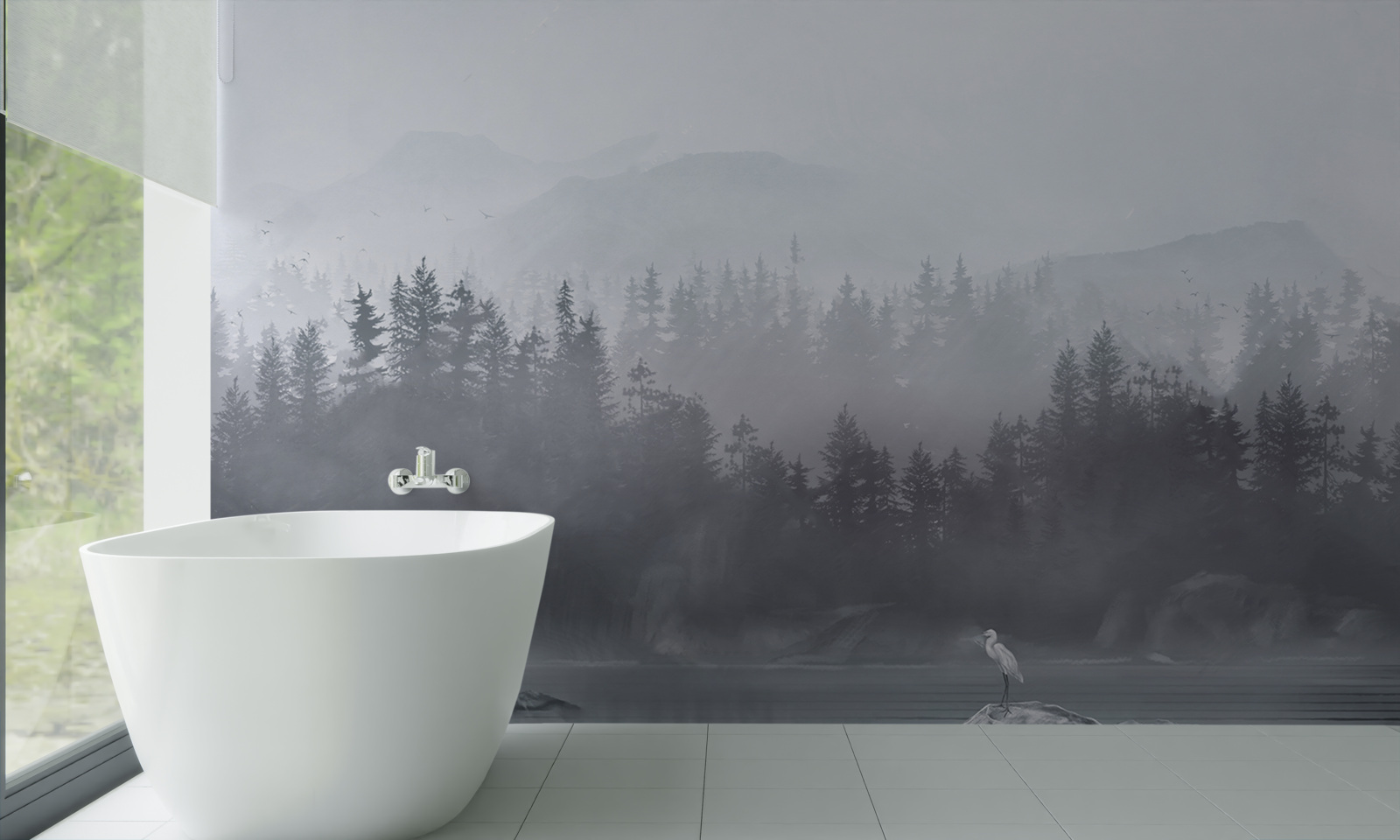 Фотошпалери Журавель живе самотньо на скелі посеред озера