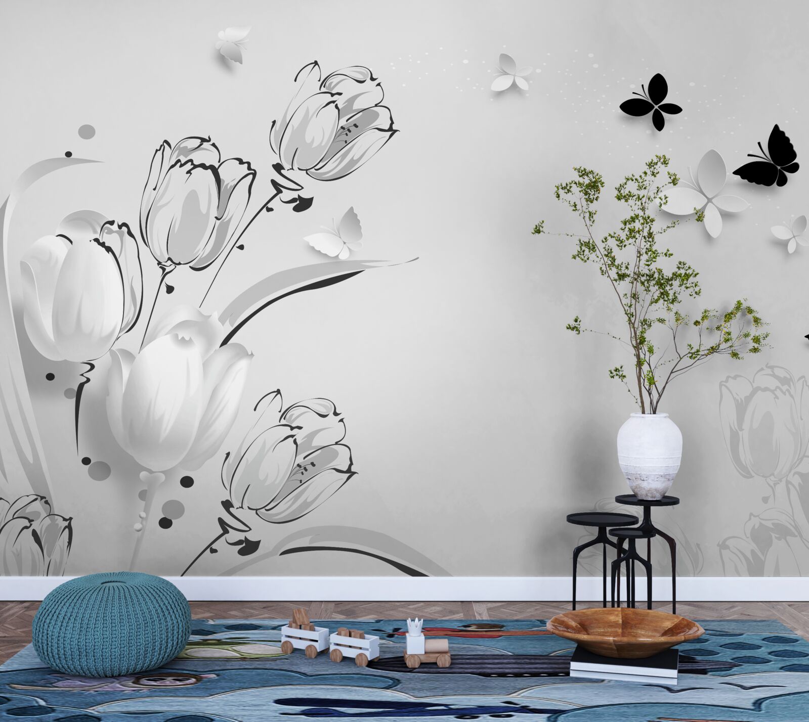 Фотошпалери Білосніжні тюльпани та метелики