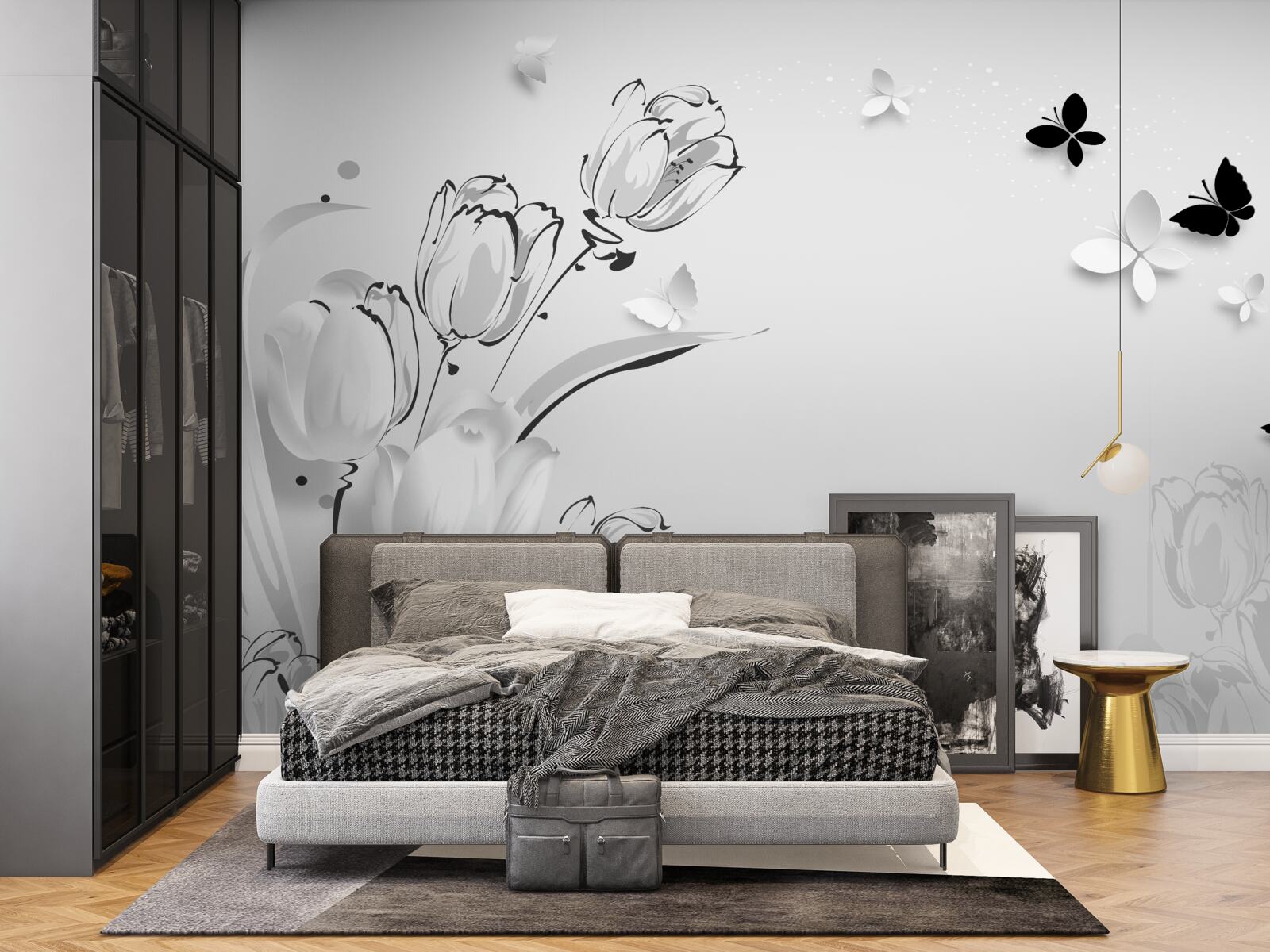 Фотошпалери Білосніжні тюльпани та метелики