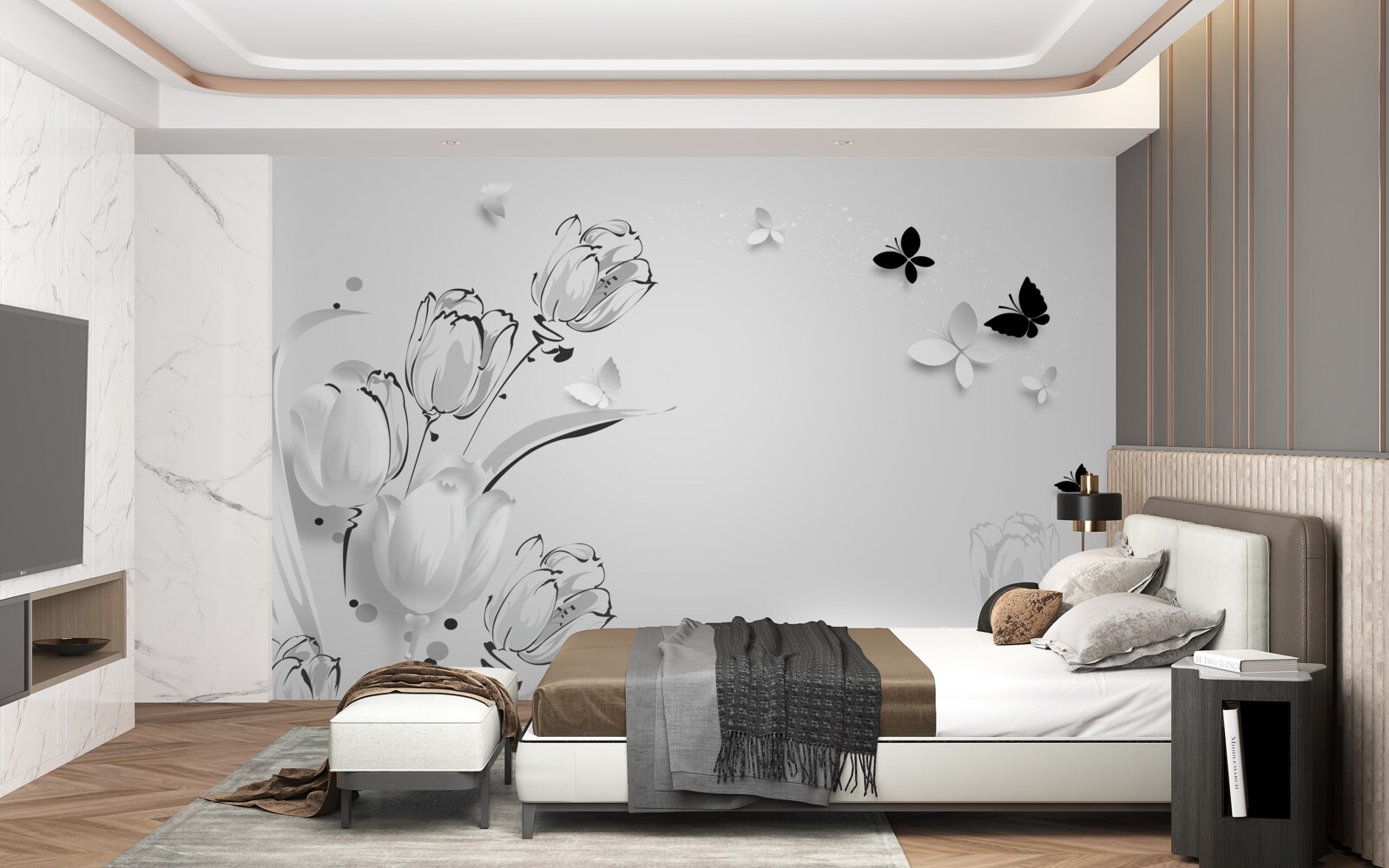 Фотошпалери Білосніжні тюльпани та метелики