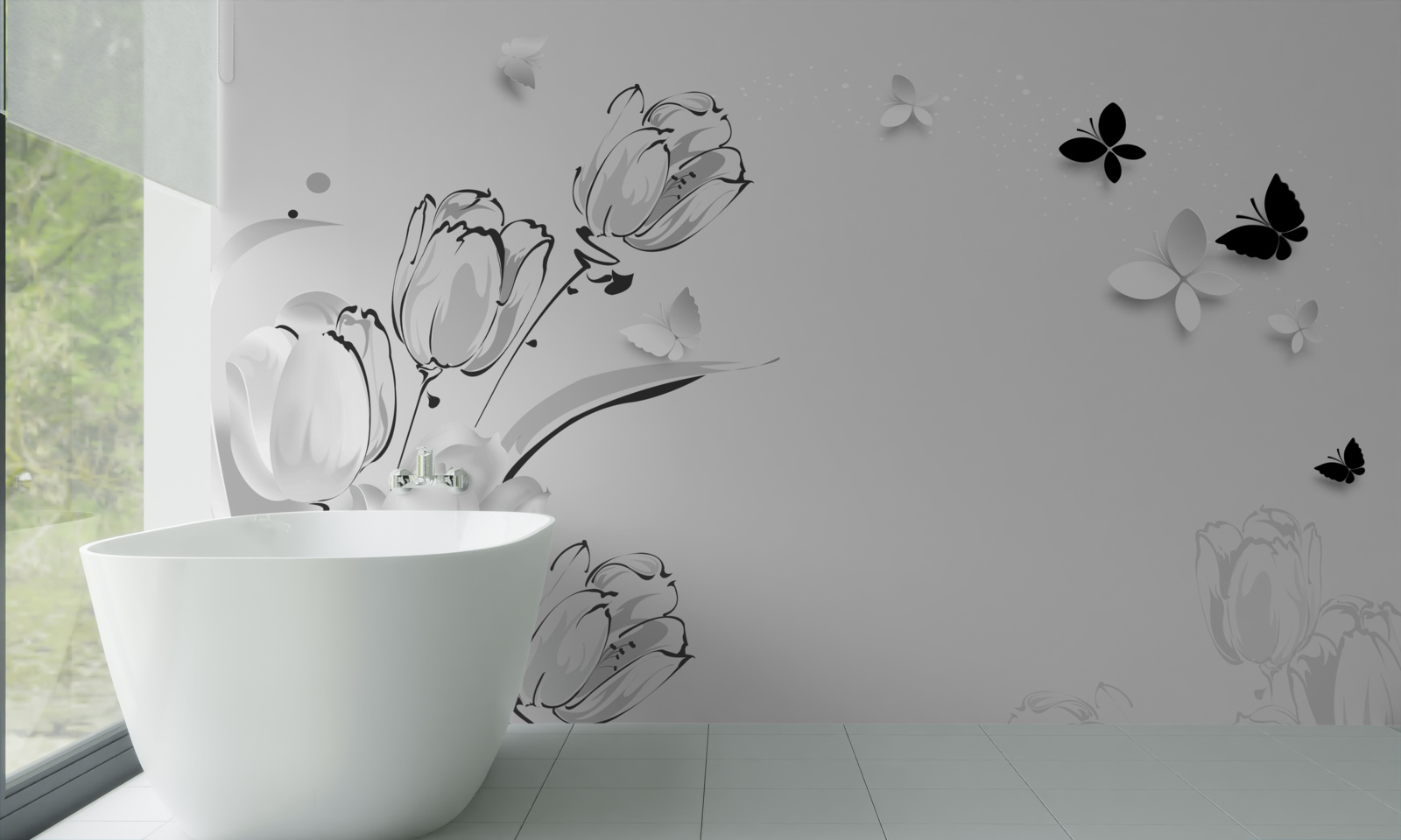 Фотошпалери Білосніжні тюльпани та метелики