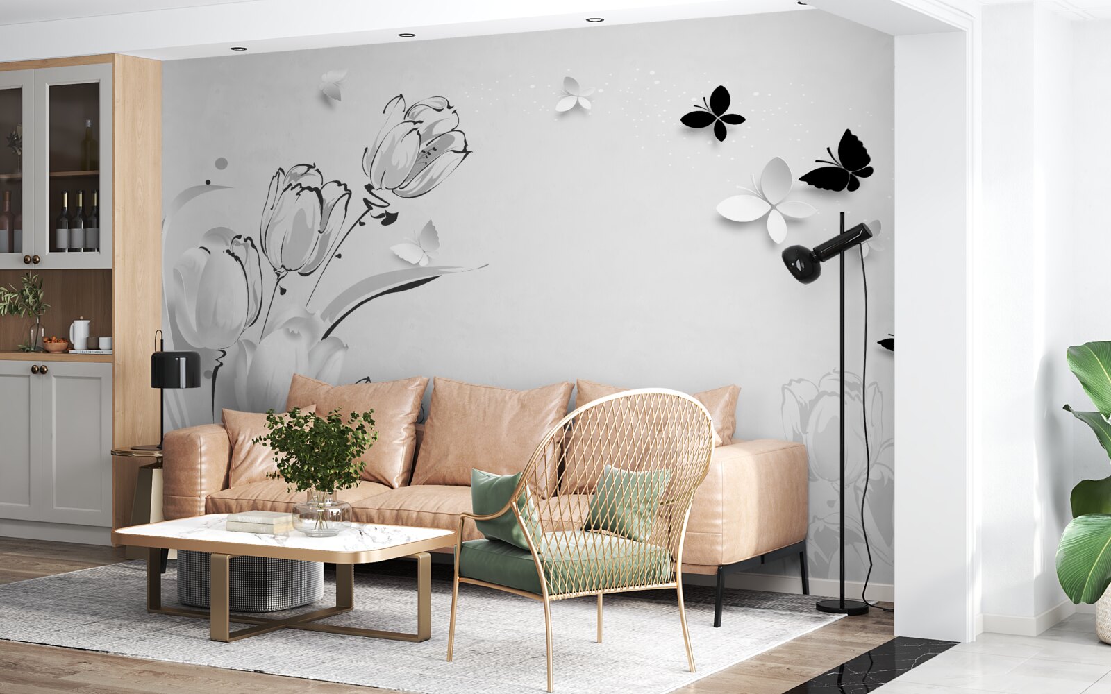 Фотошпалери Білосніжні тюльпани та метелики