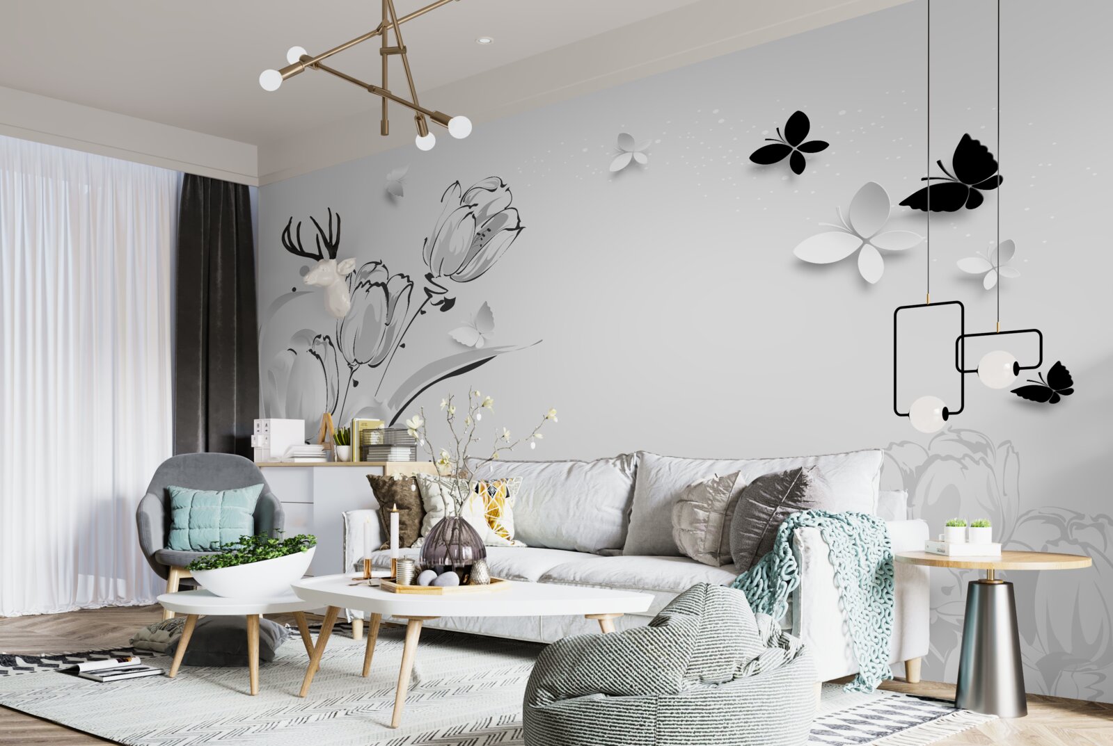 Фотошпалери Білосніжні тюльпани та метелики