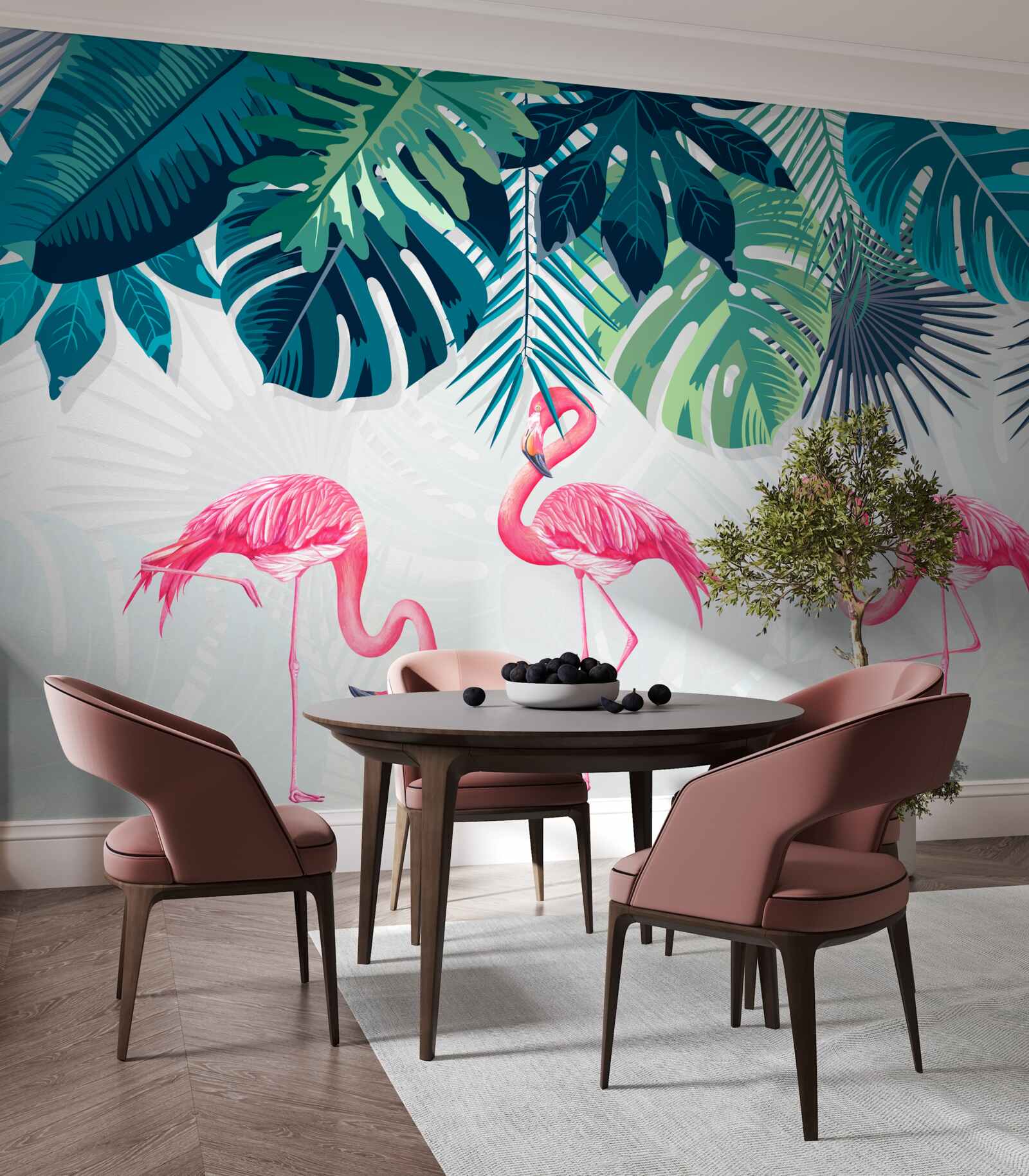 Фотошпалери тропічна рослинність і птахи рожеві фламінго