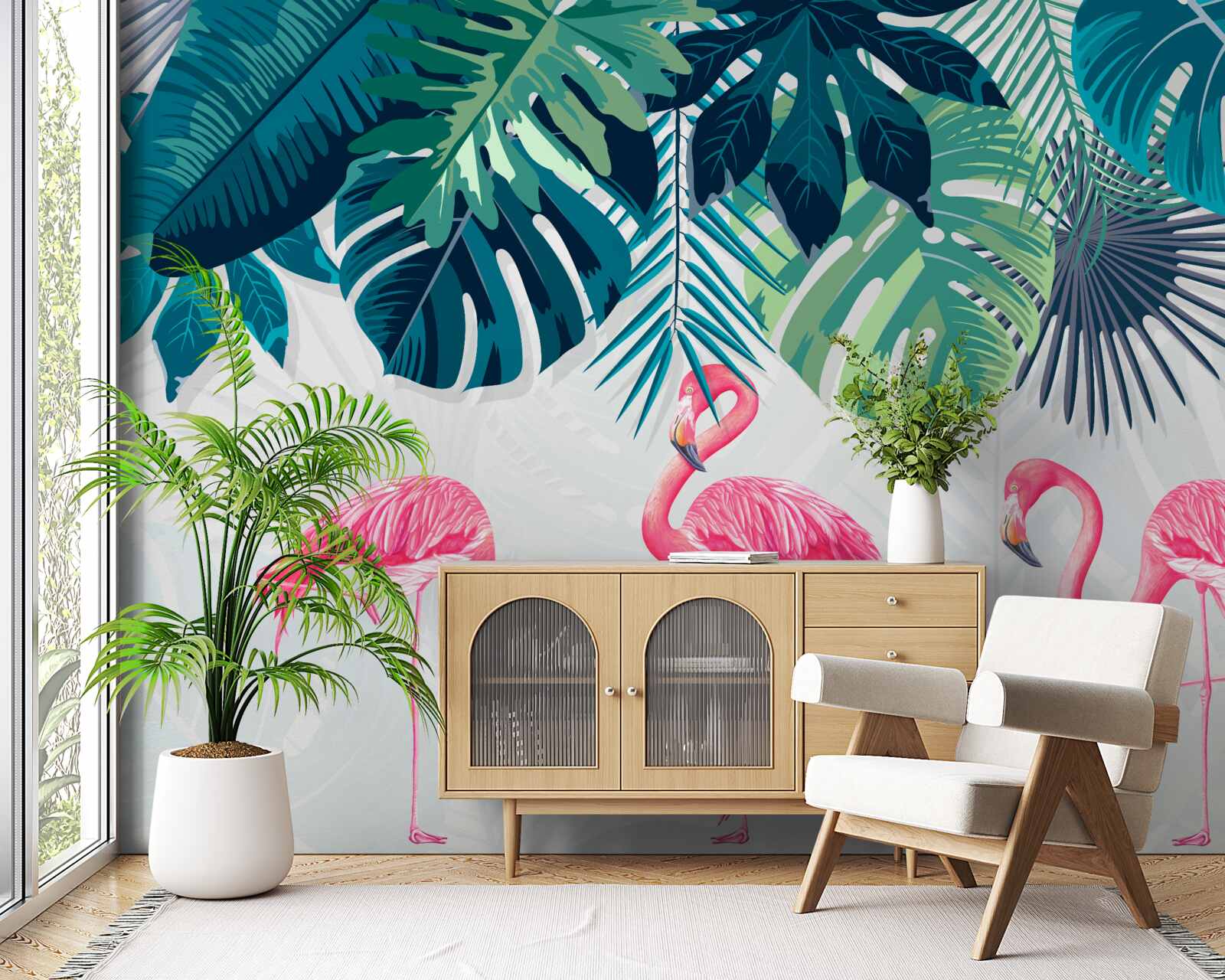 Фотошпалери тропічна рослинність і птахи рожеві фламінго