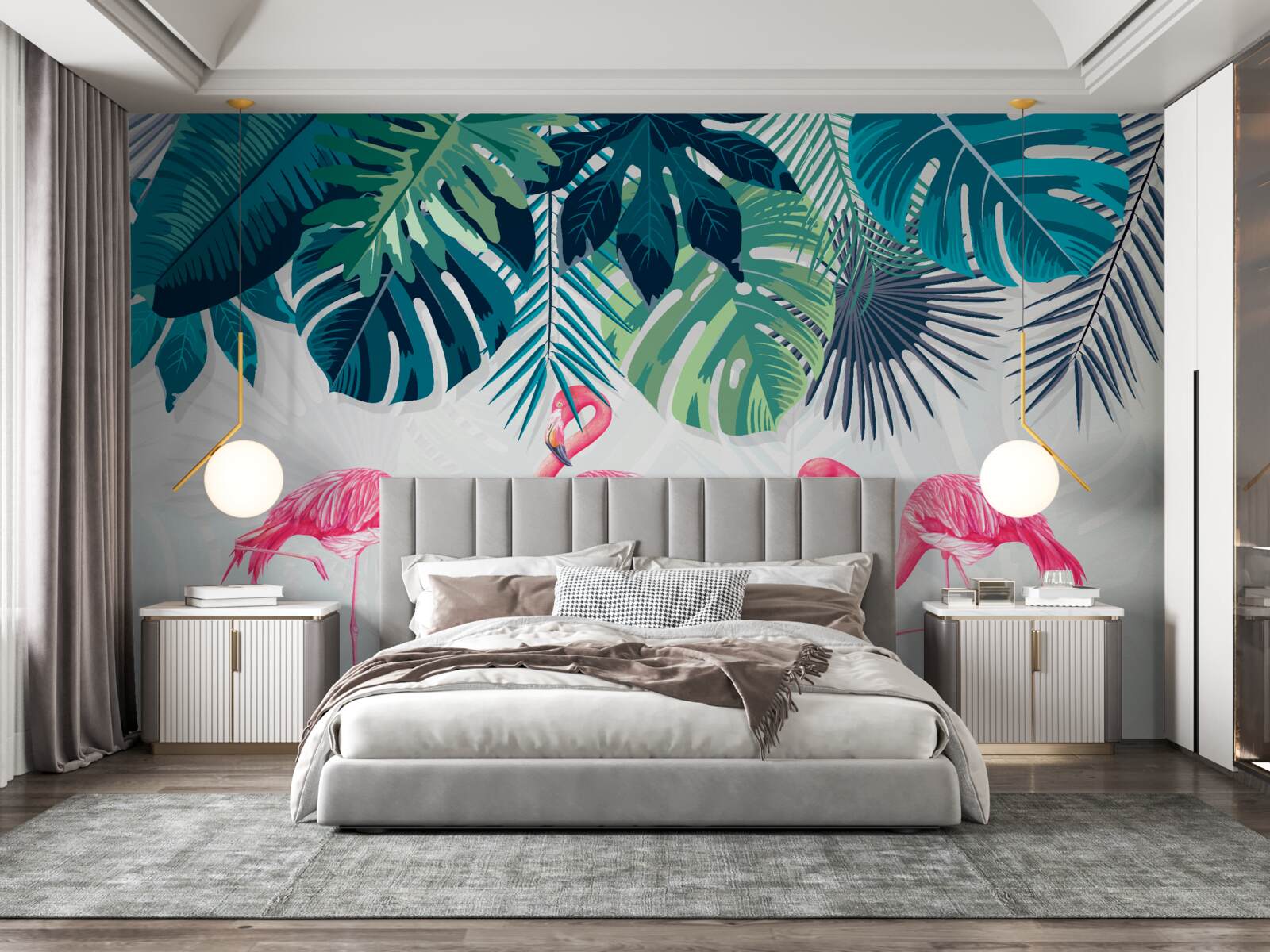 Фотошпалери тропічна рослинність і птахи рожеві фламінго