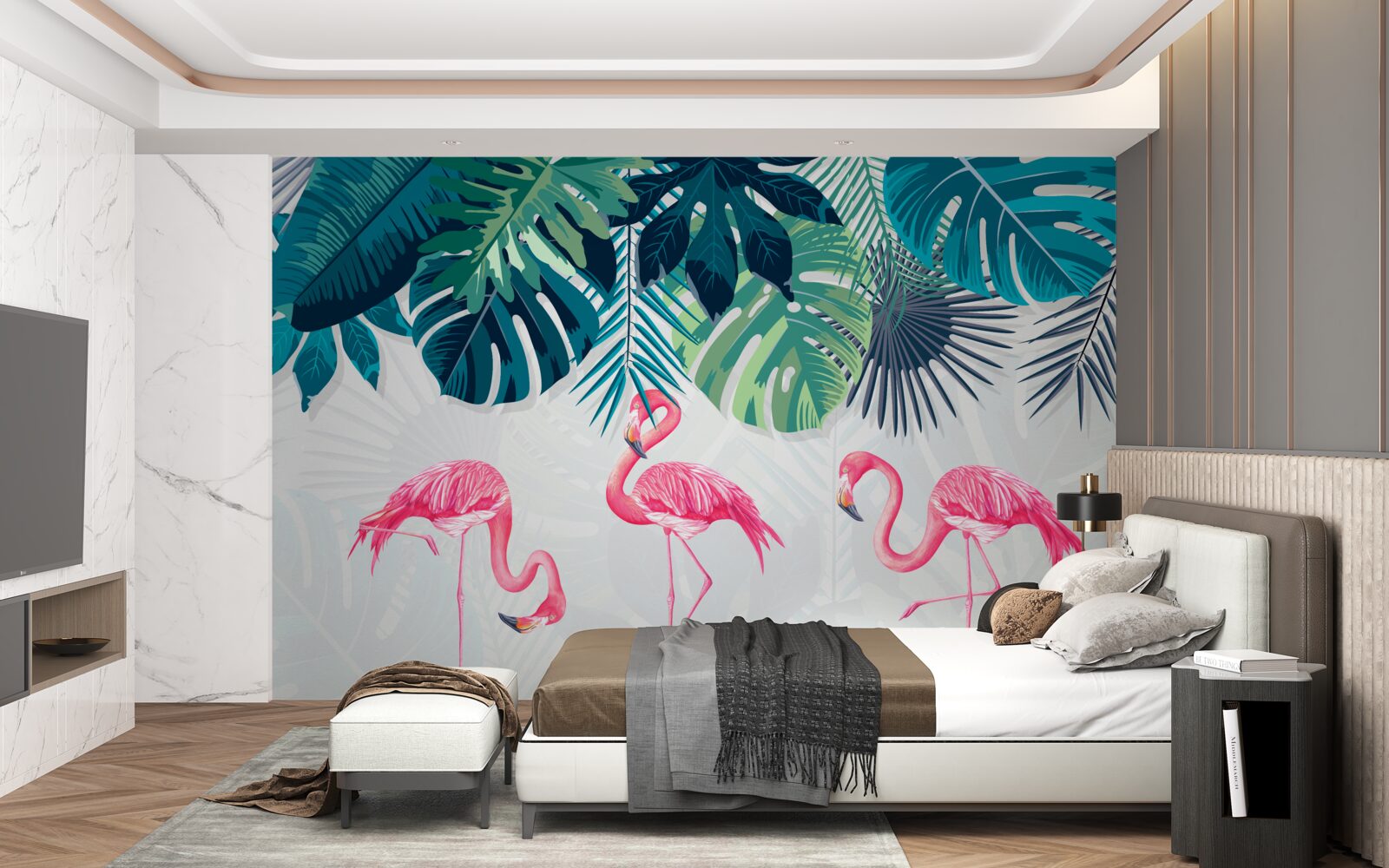 Фотошпалери тропічна рослинність і птахи рожеві фламінго