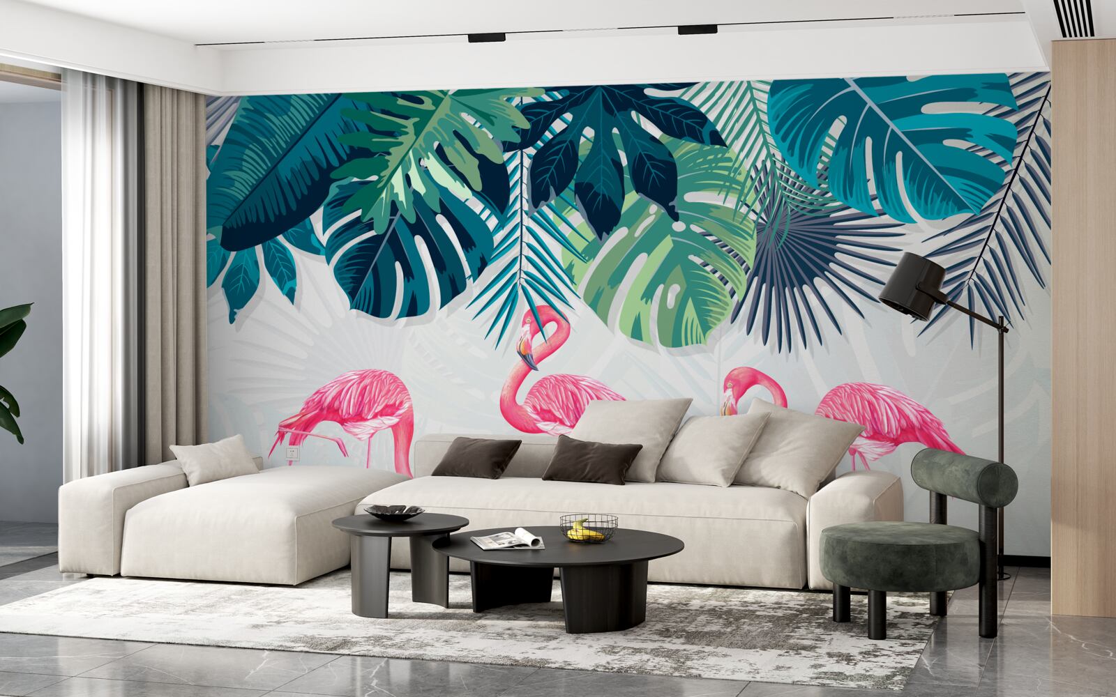 Фотошпалери тропічна рослинність і птахи рожеві фламінго