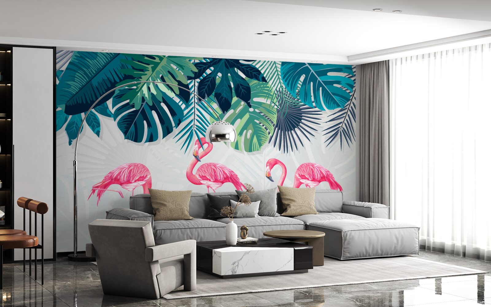 Фотошпалери тропічна рослинність і птахи рожеві фламінго