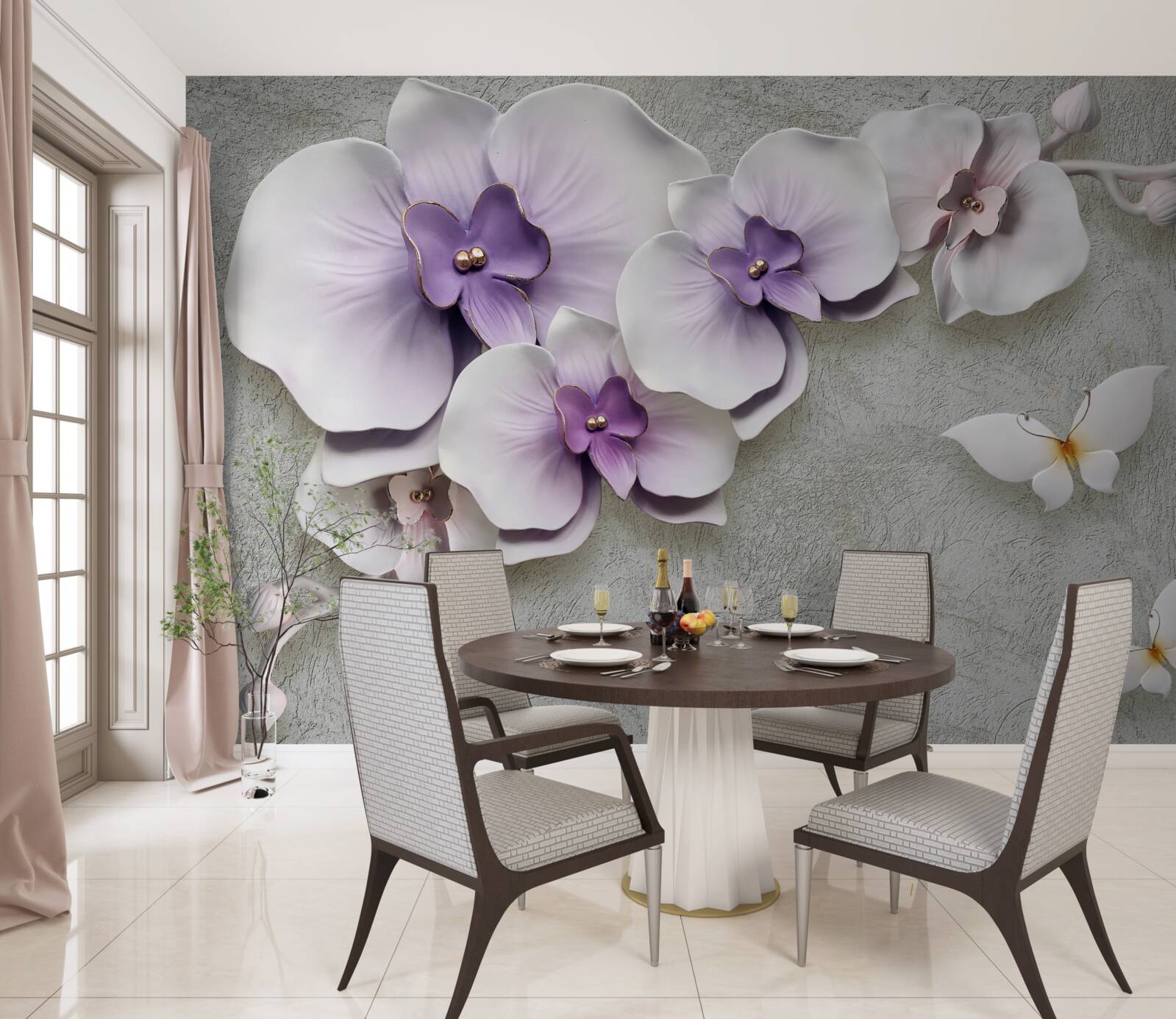 Фотошпалери великі фіолетові лілії та білосніжний метелик