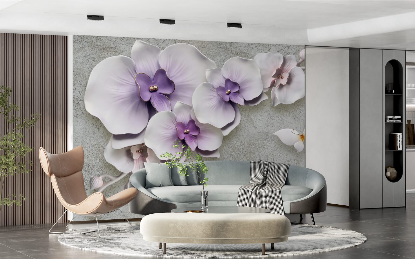 Фотошпалери великі фіолетові лілії та білосніжний метелик