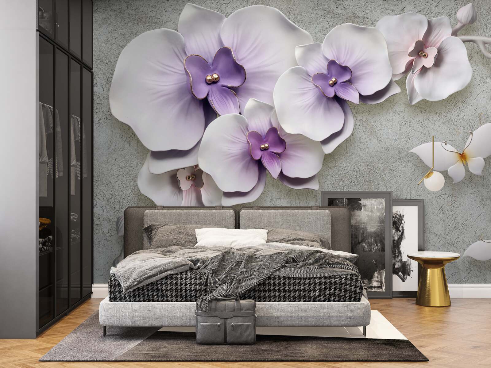 Фотошпалери великі фіолетові лілії та білосніжний метелик