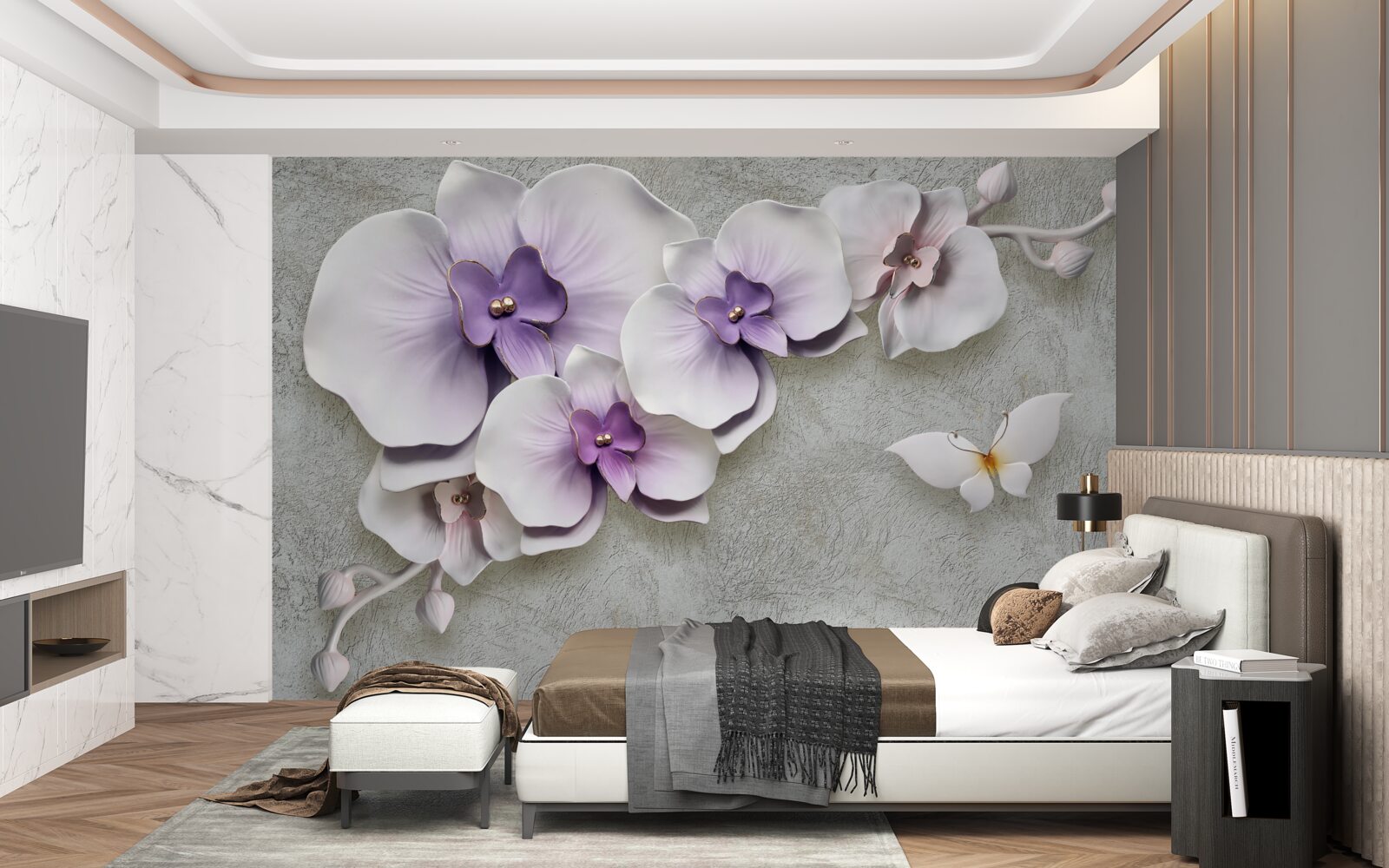 Фотошпалери великі фіолетові лілії та білосніжний метелик