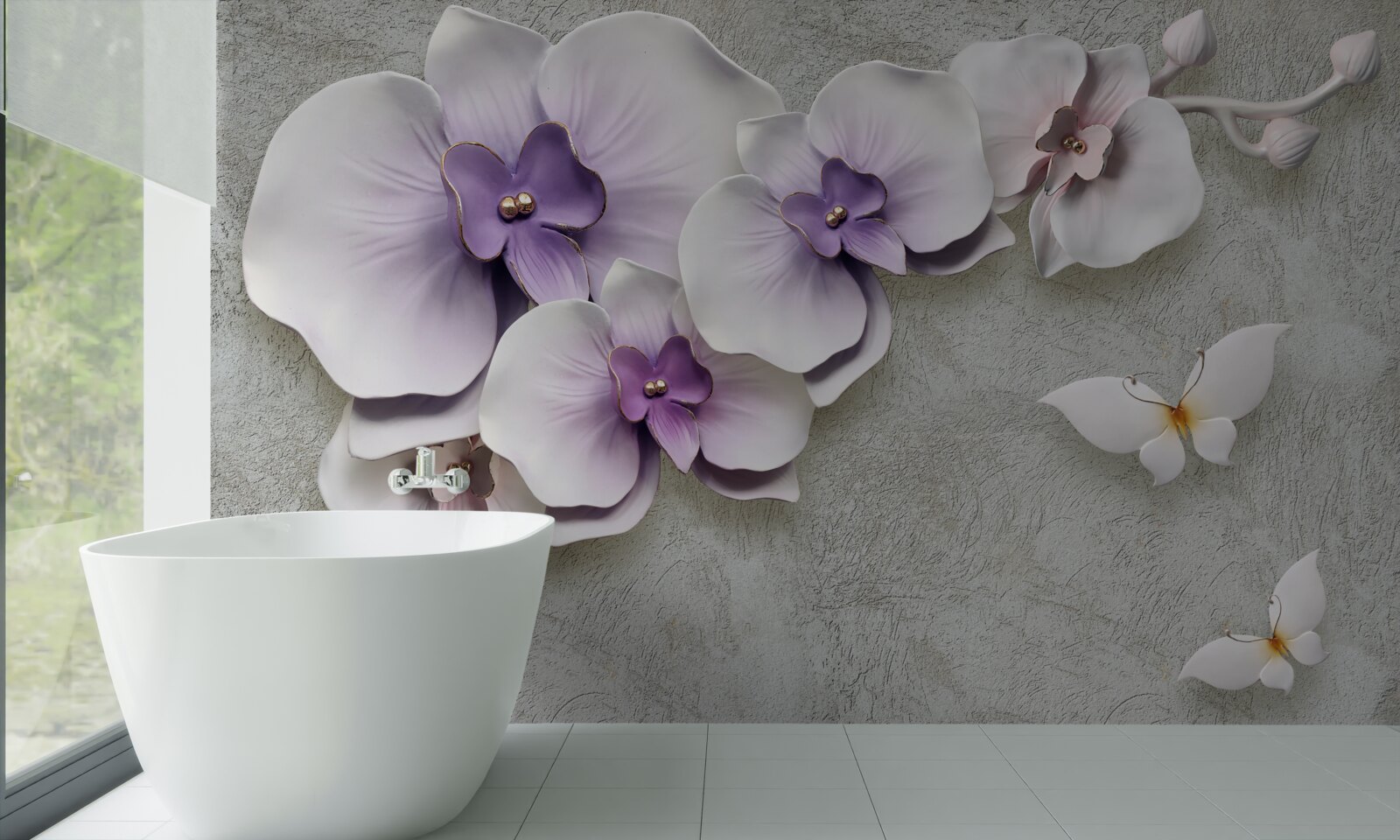 Фотошпалери великі фіолетові лілії та білосніжний метелик