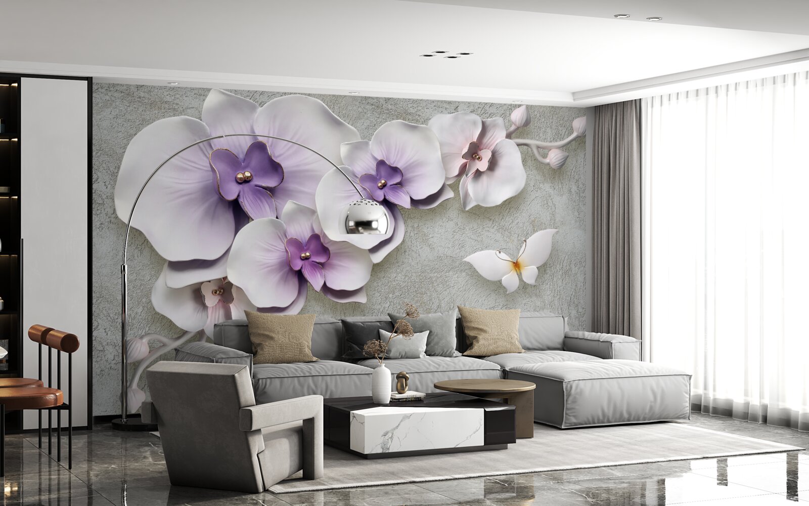 Фотошпалери великі фіолетові лілії та білосніжний метелик