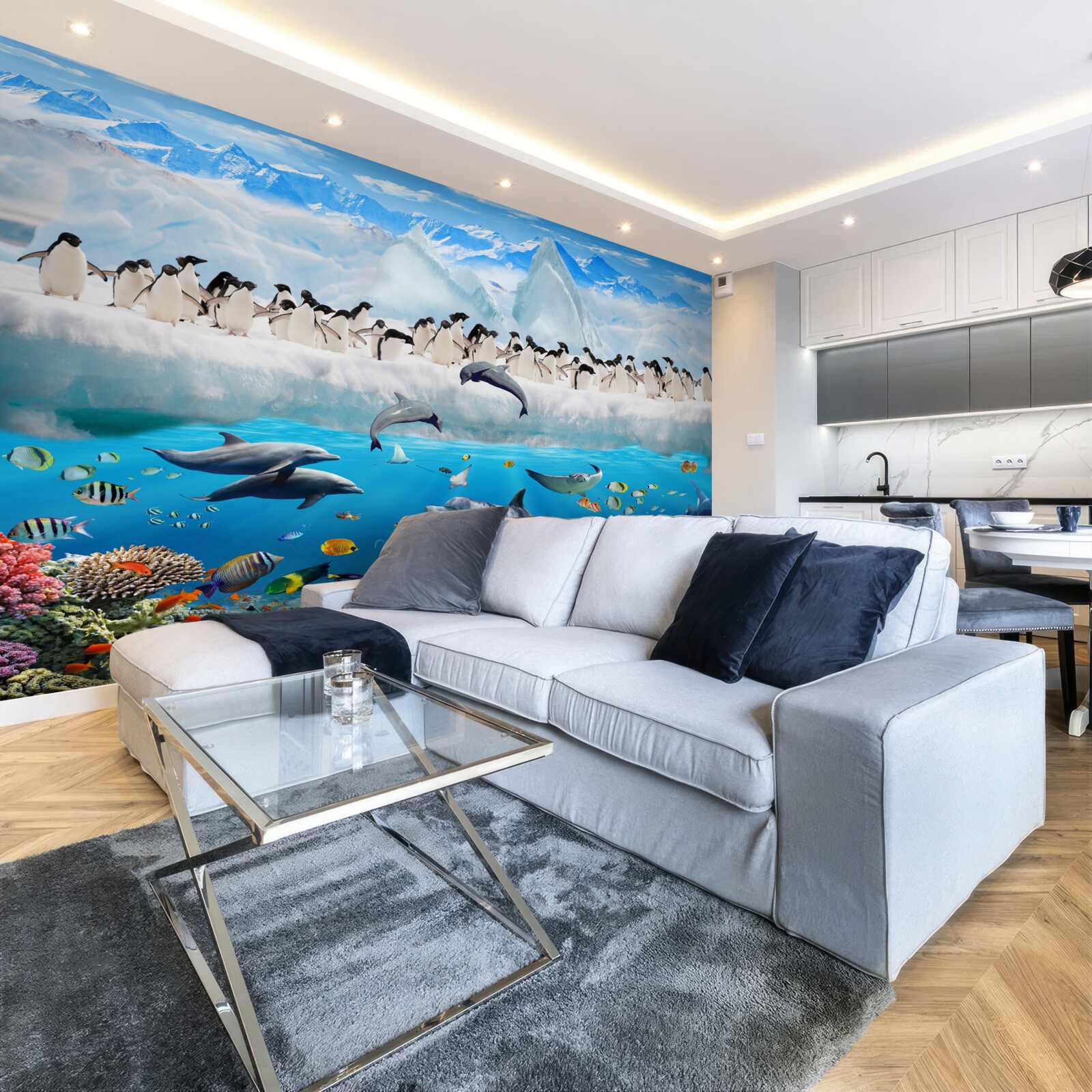 Фотошпалери дельфіни та пінгвіни живуть у коралових рифах