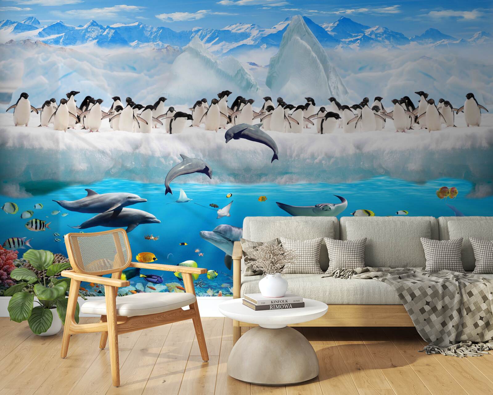 Фотошпалери дельфіни та пінгвіни живуть у коралових рифах