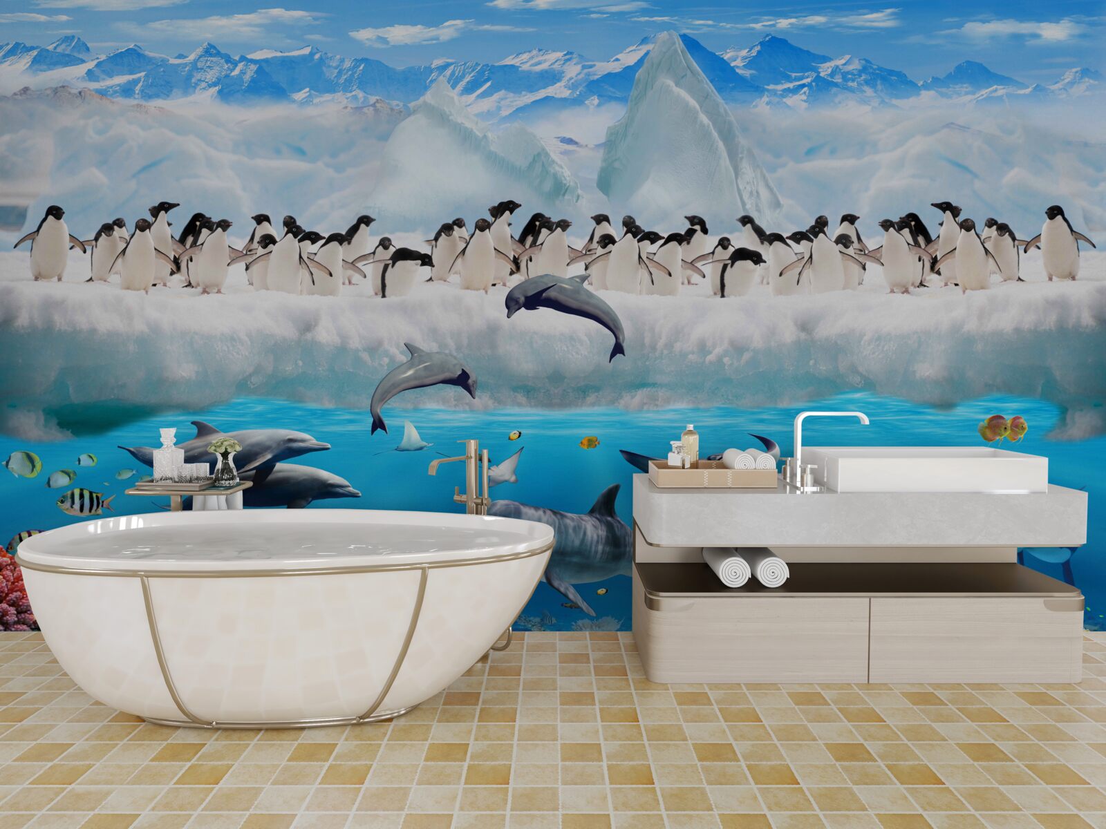 Фотошпалери дельфіни та пінгвіни живуть у коралових рифах