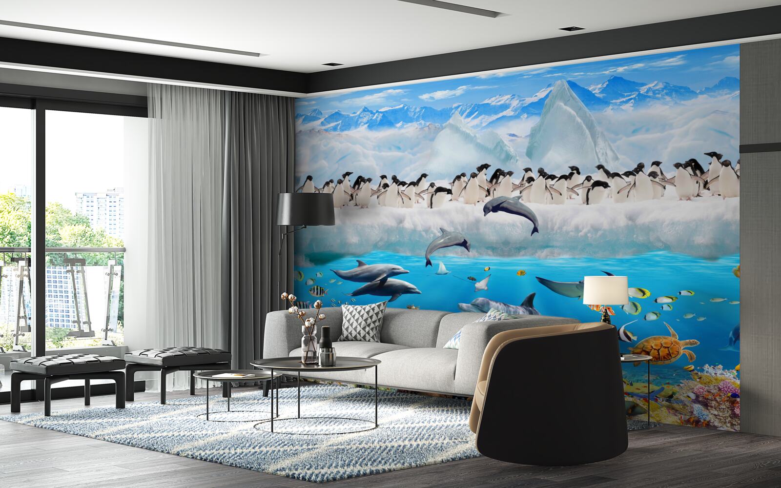 Фотошпалери дельфіни та пінгвіни живуть у коралових рифах