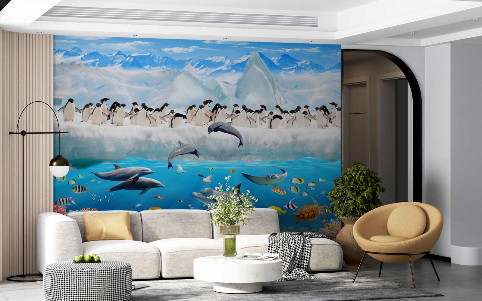 Фотошпалери дельфіни та пінгвіни живуть у коралових рифах