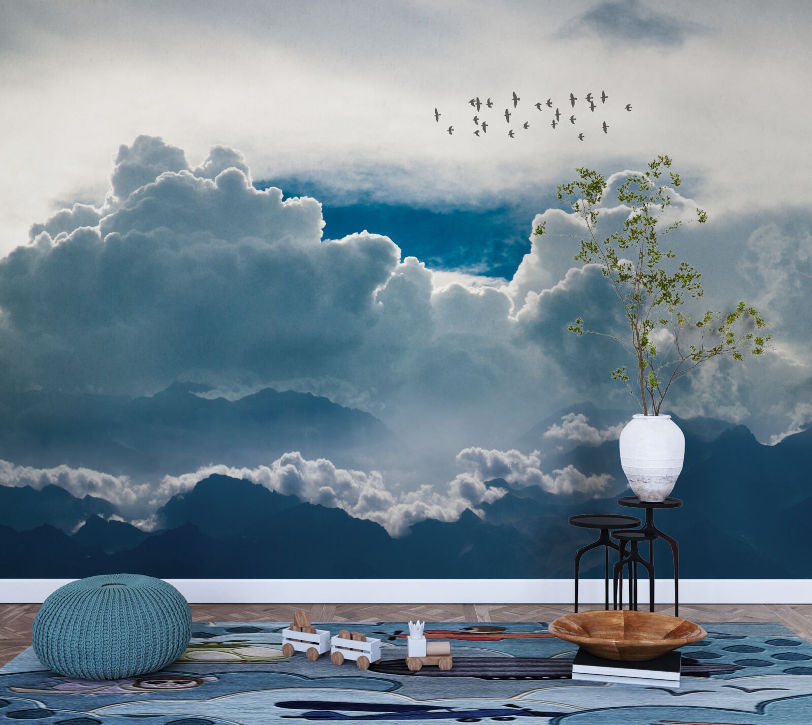 Фотошпалери група птахів над густими хмарами