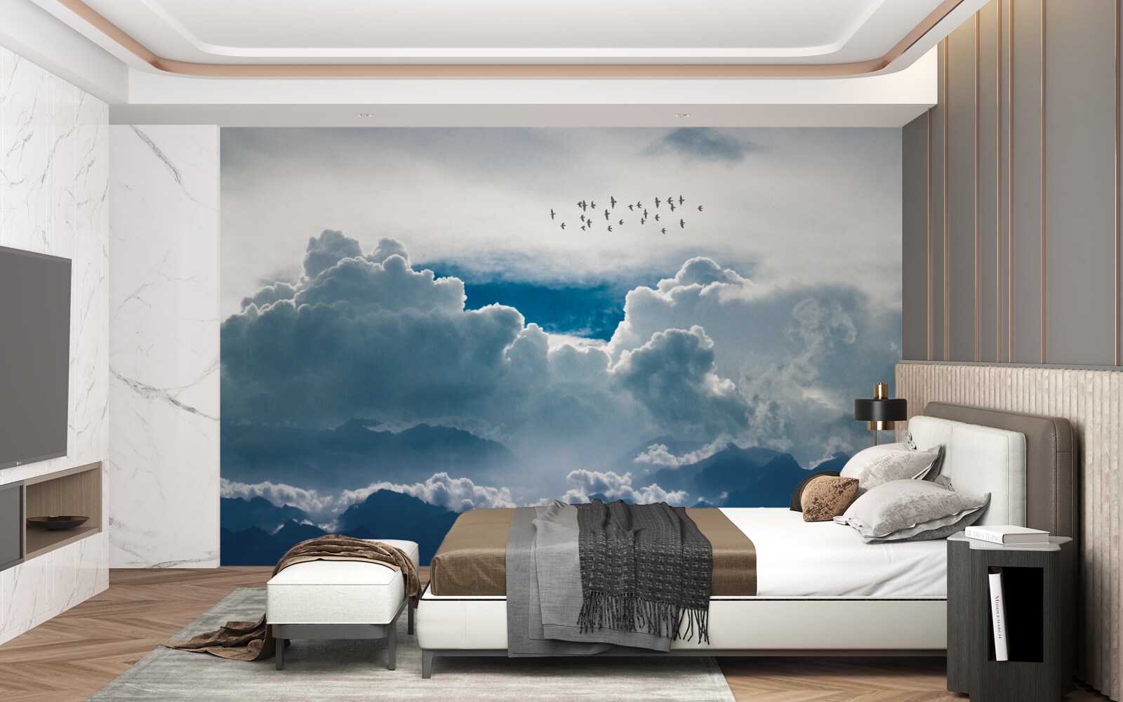 Фотошпалери група птахів над густими хмарами