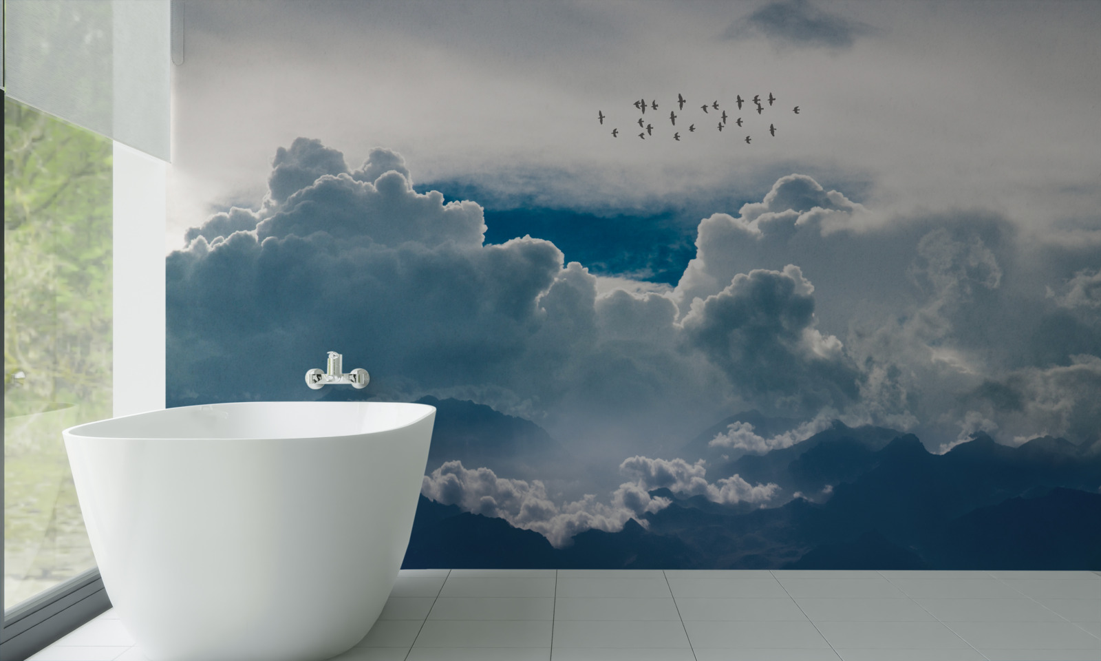 Фотошпалери група птахів над густими хмарами