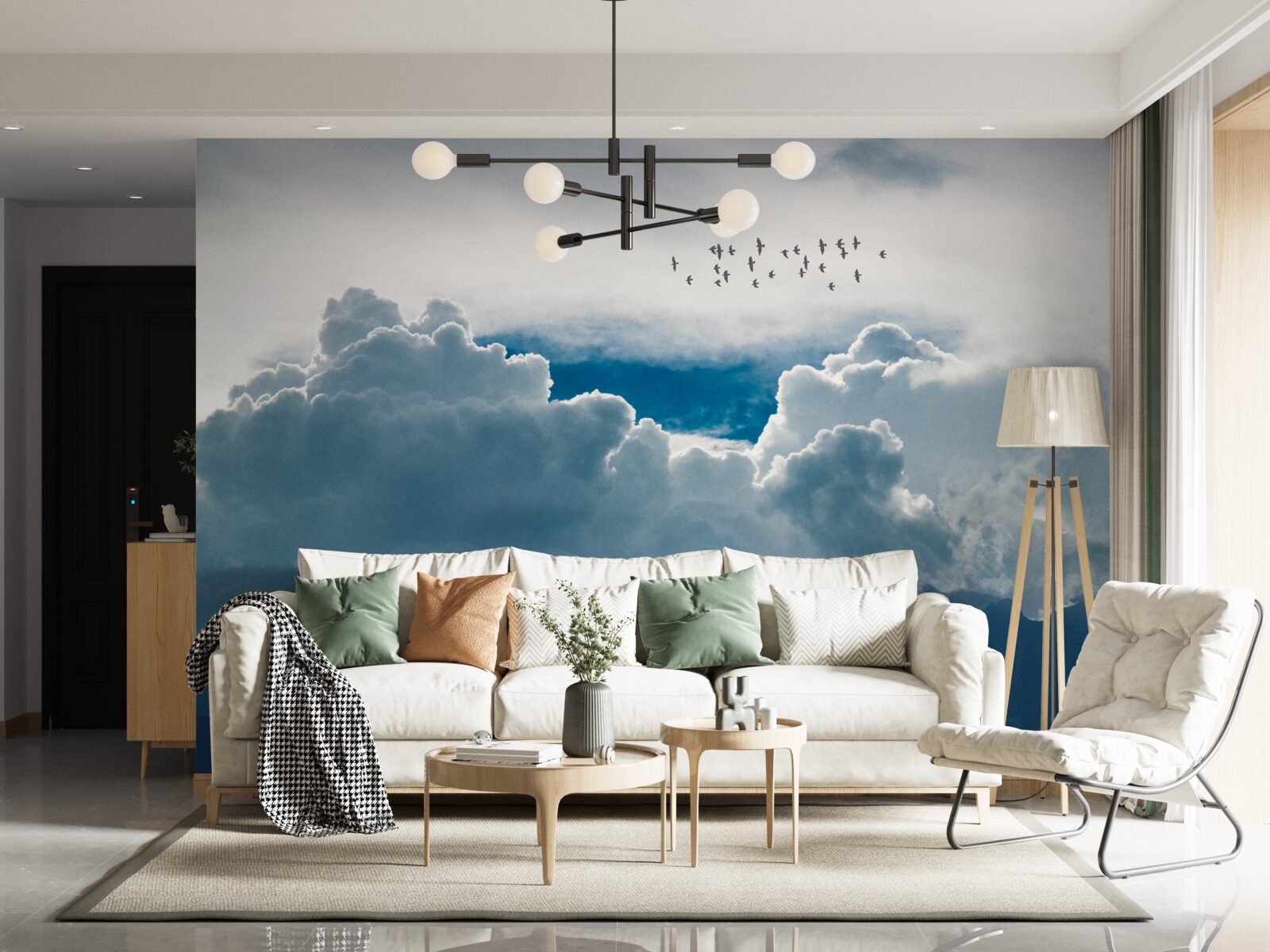 Фотошпалери група птахів над густими хмарами