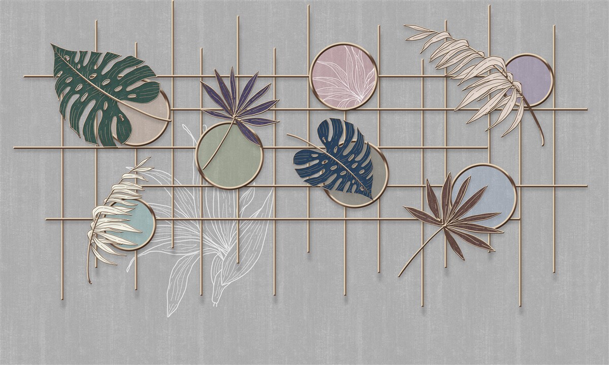 Фотошпалери листя тропічної рослини на золотій сітці