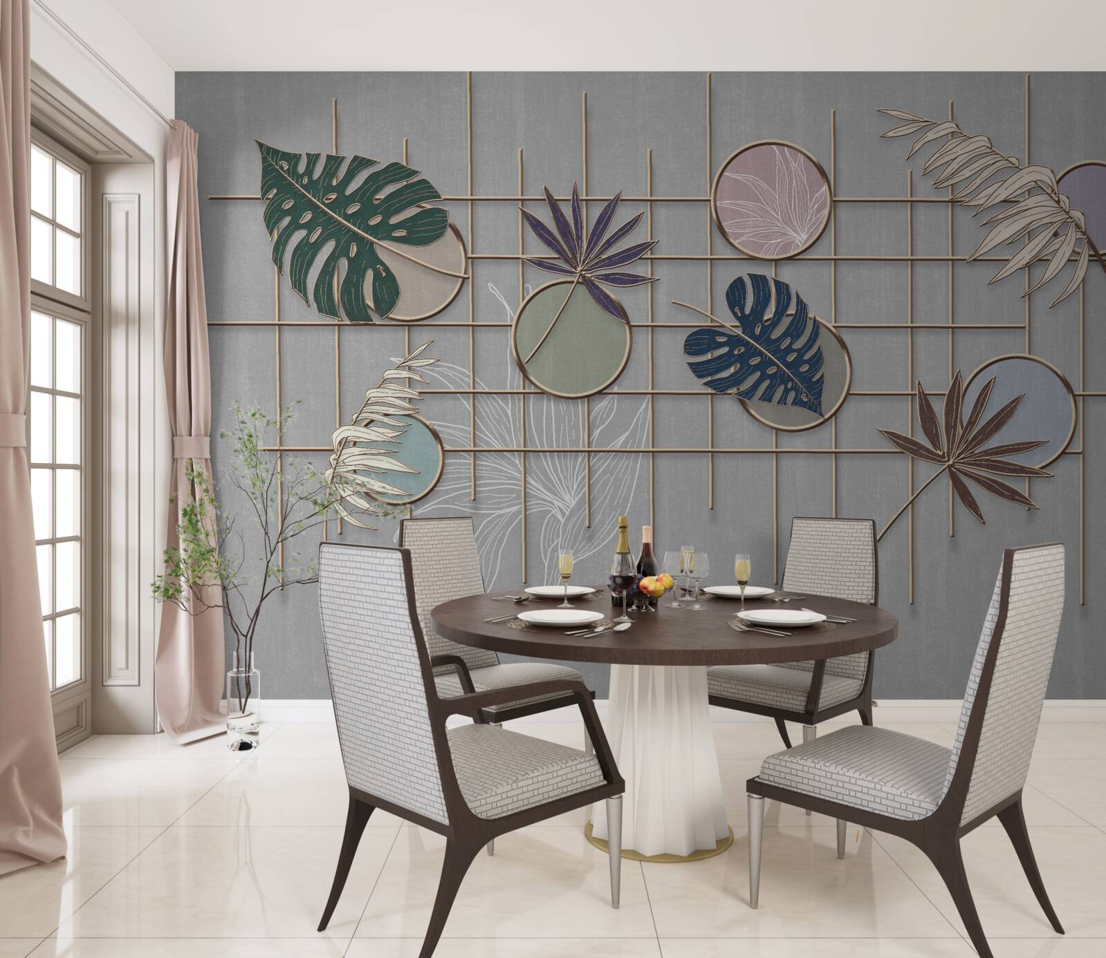 Фотошпалери листя тропічної рослини на золотій сітці