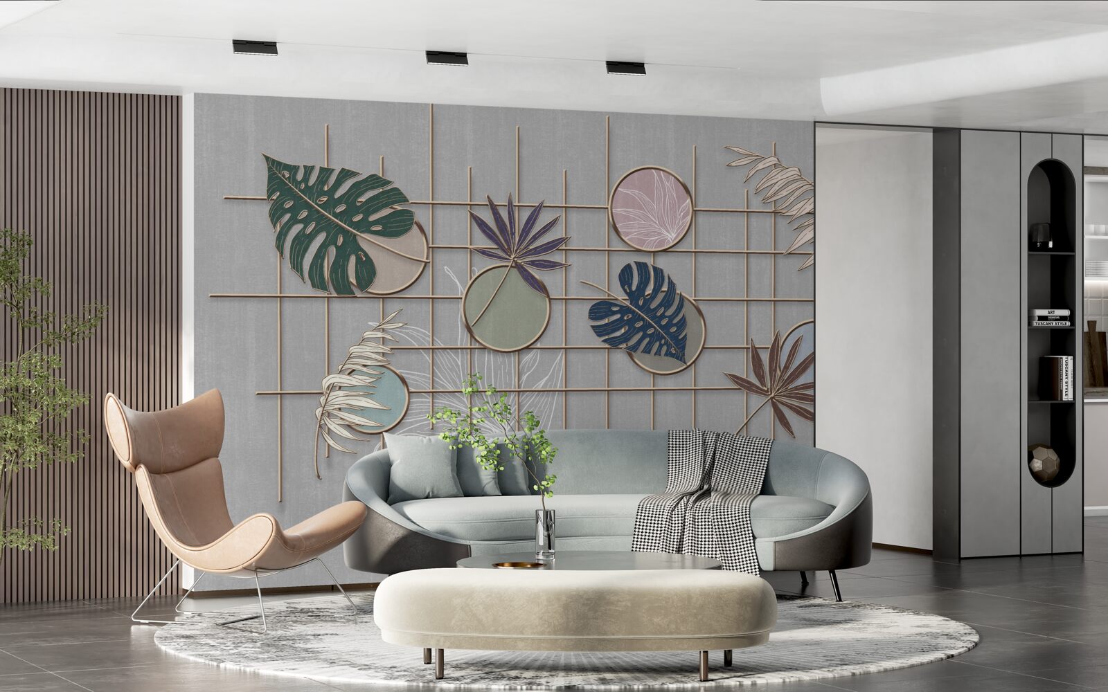 Фотошпалери листя тропічної рослини на золотій сітці