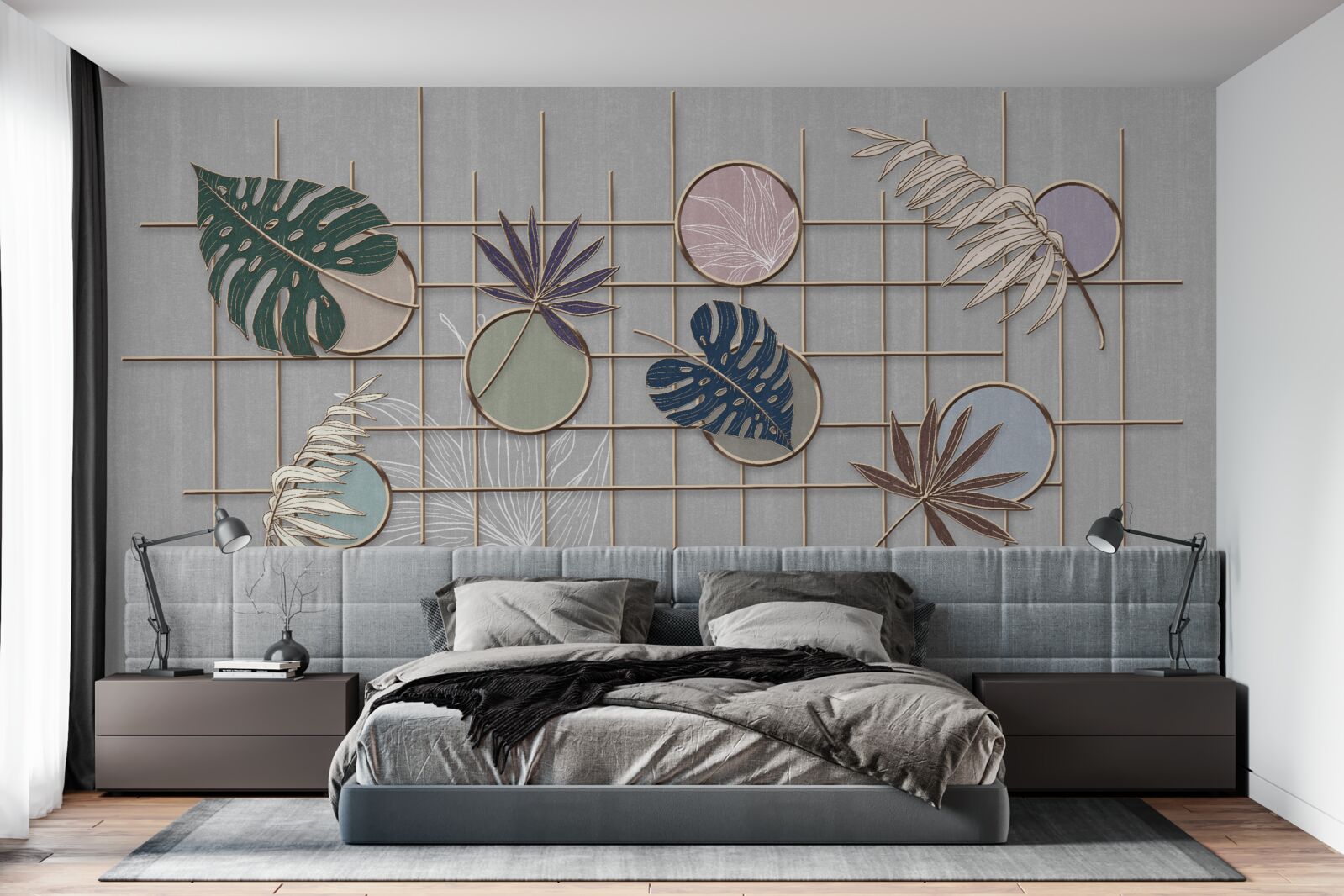 Фотошпалери листя тропічної рослини на золотій сітці