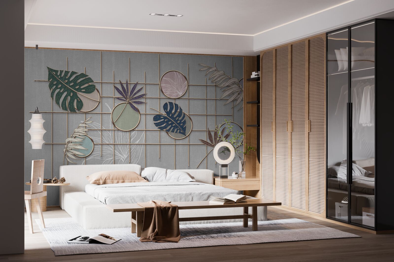 Фотошпалери листя тропічної рослини на золотій сітці