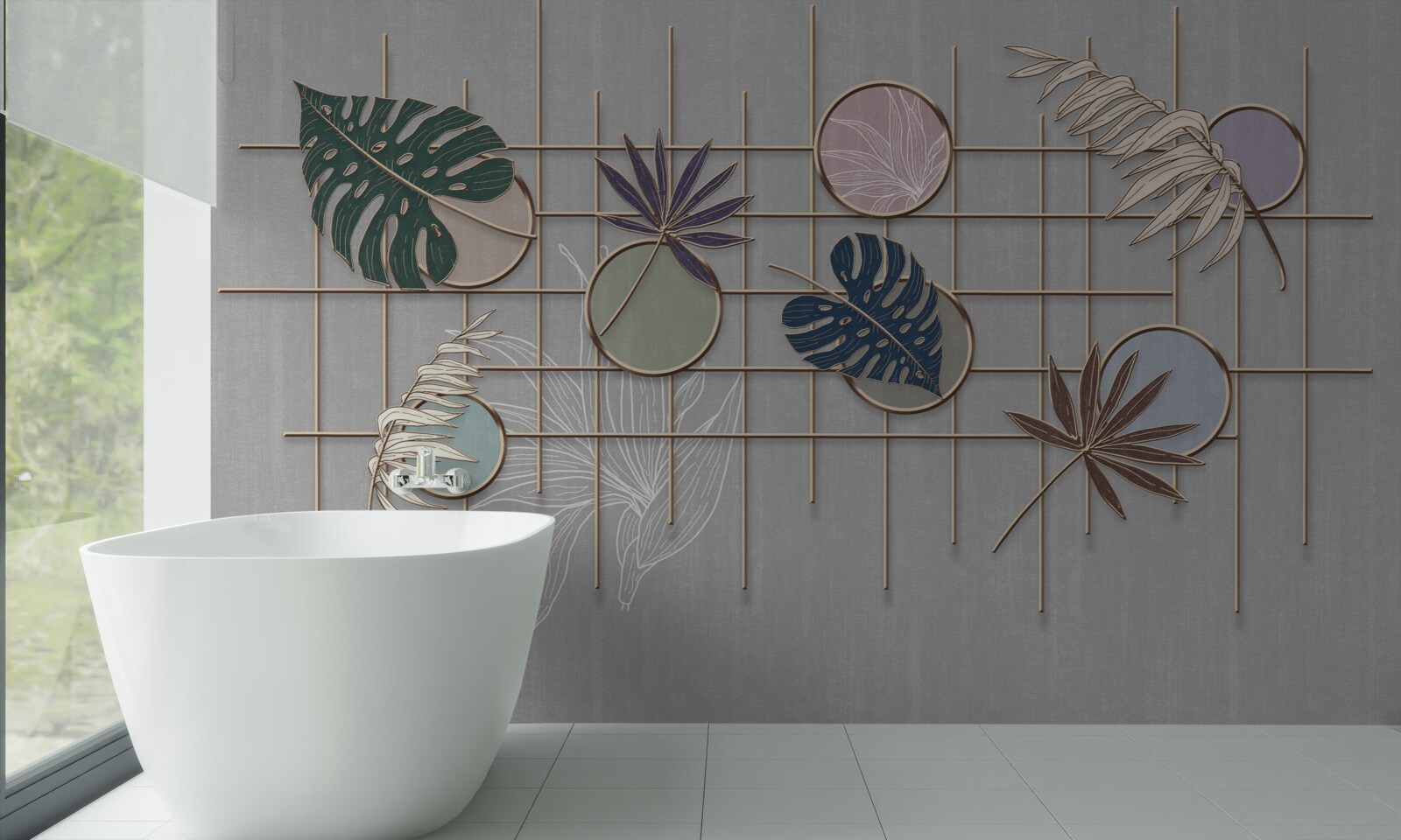 Фотошпалери листя тропічної рослини на золотій сітці