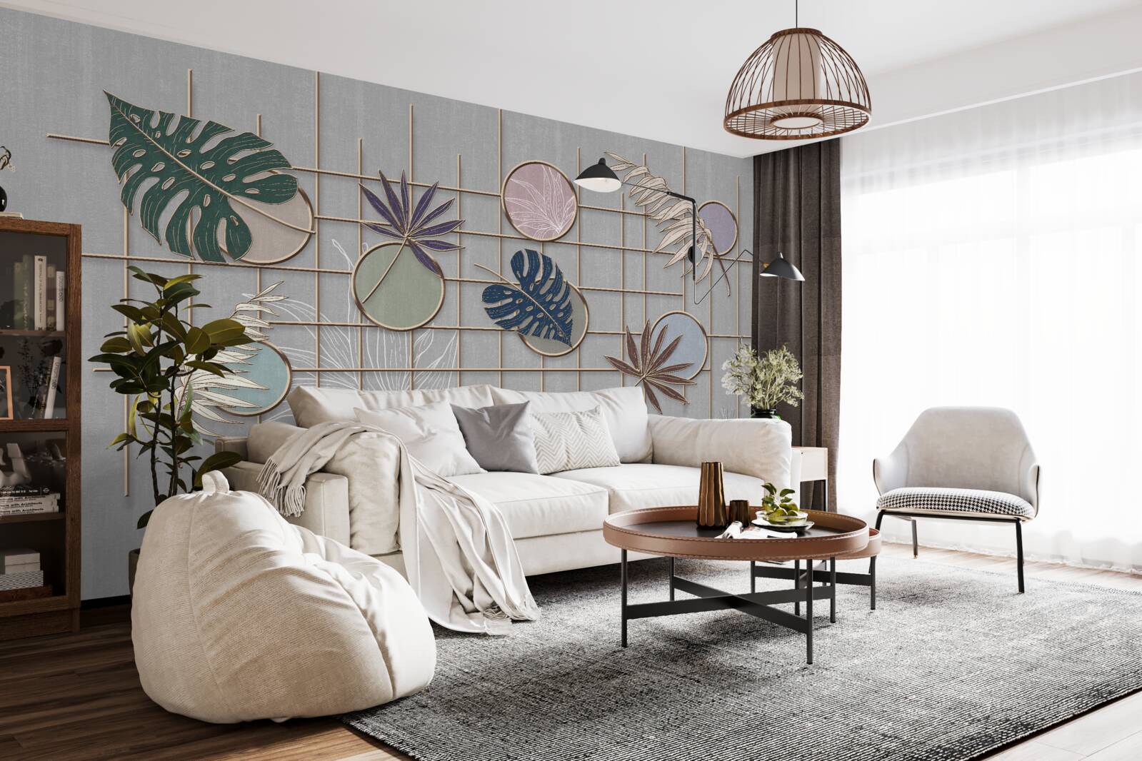 Фотошпалери листя тропічної рослини на золотій сітці