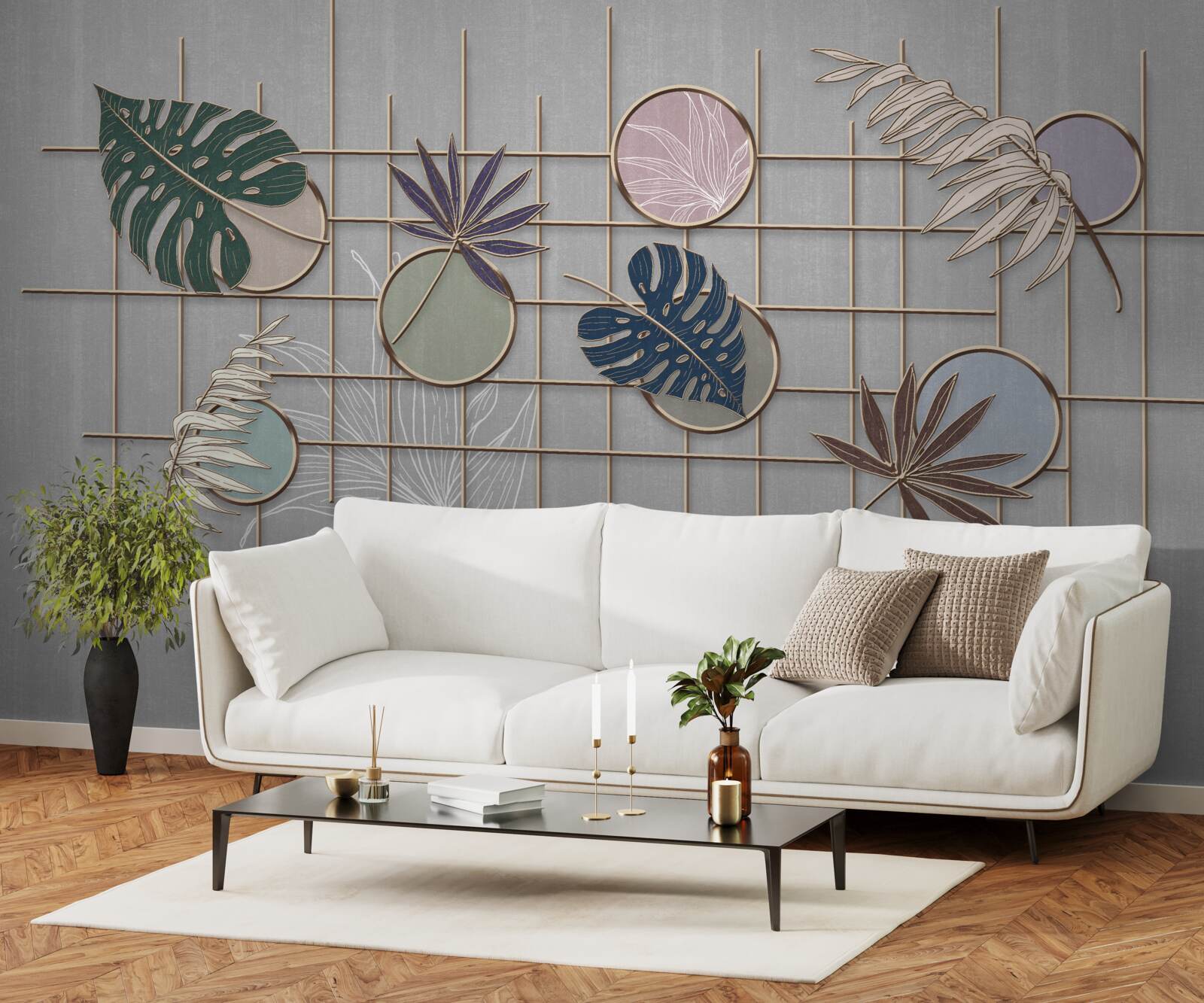 Фотошпалери листя тропічної рослини на золотій сітці