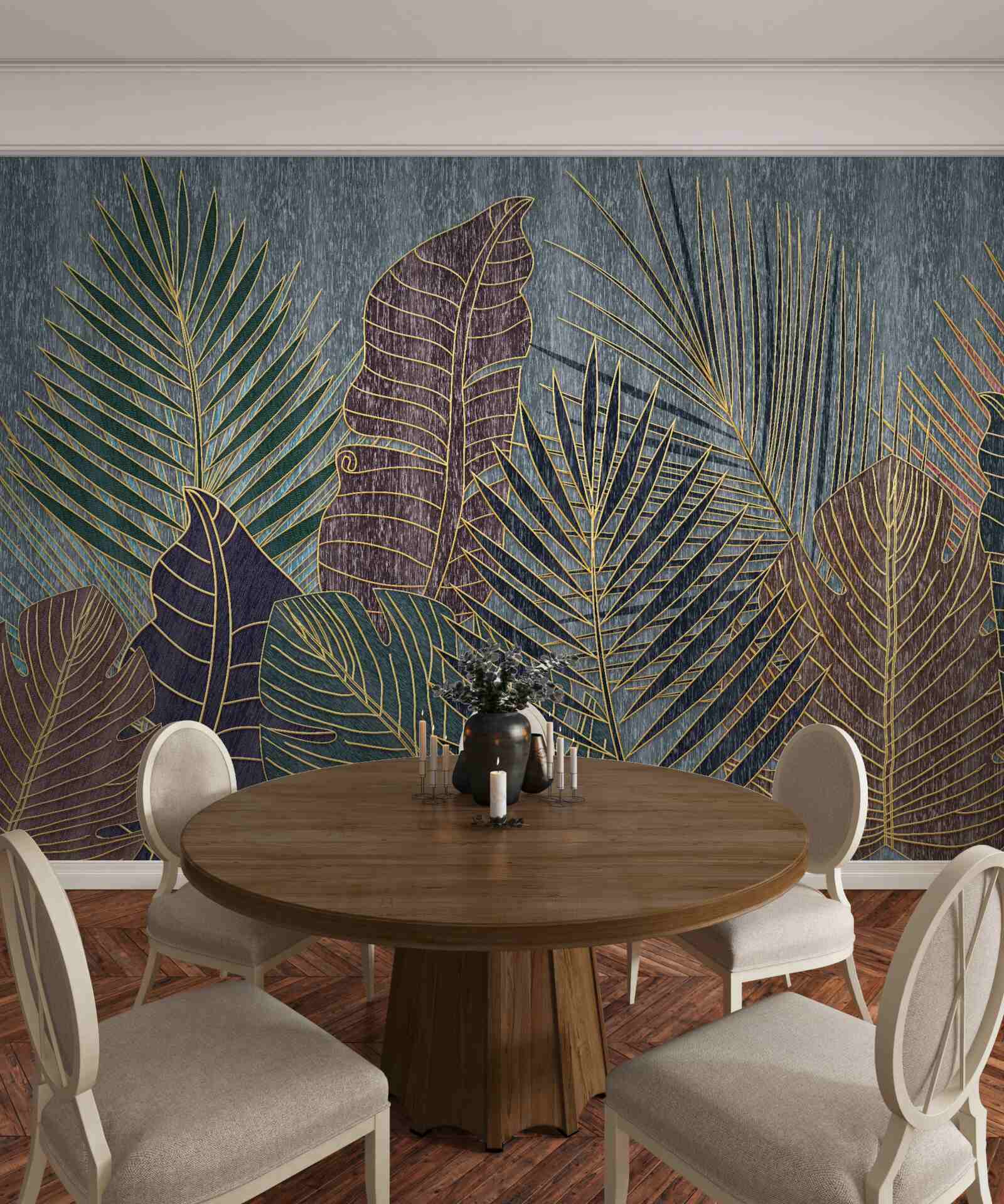 Фотошпалери захід сонця в тропічному лісі, оповитому абстракцією