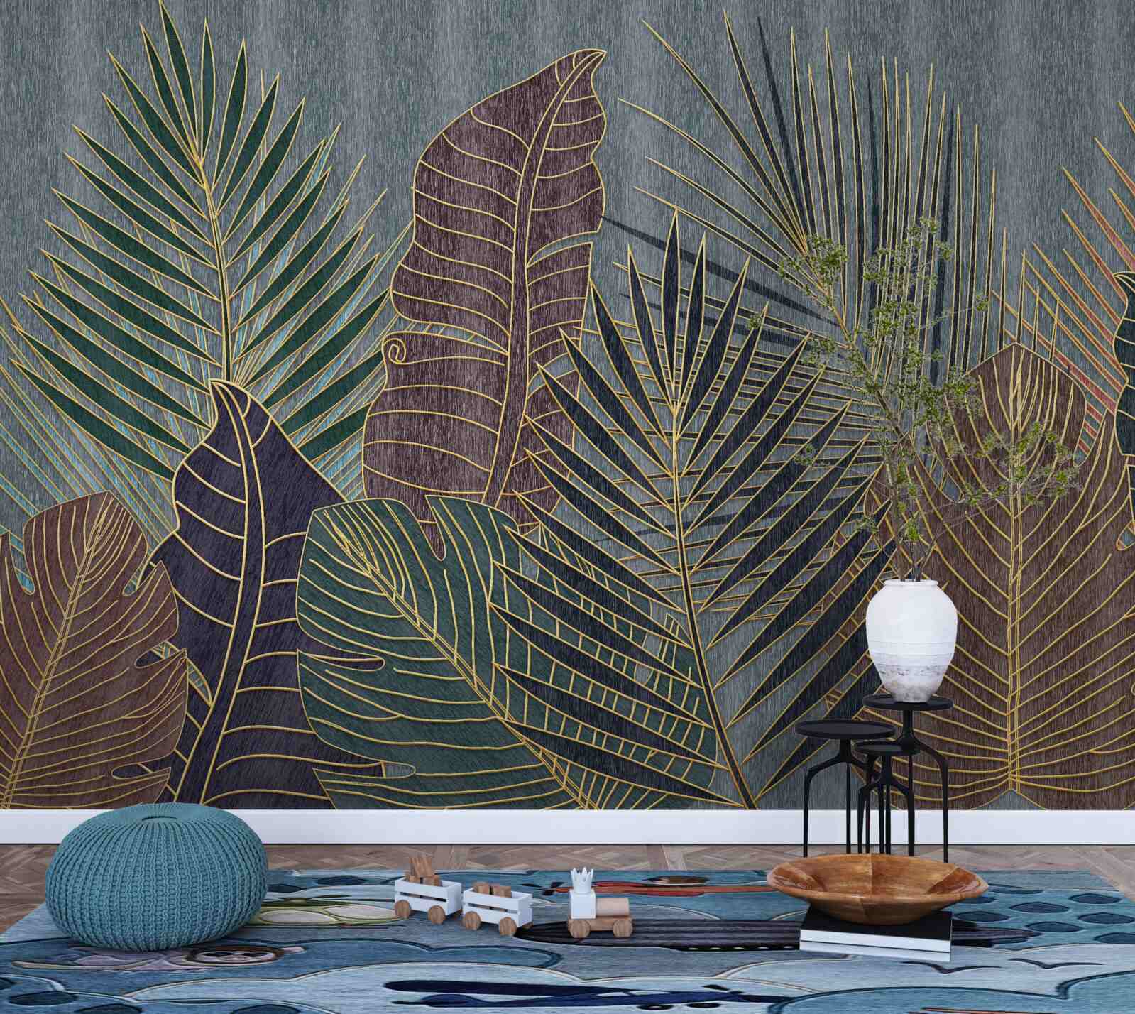 Фотошпалери захід сонця в тропічному лісі, оповитому абстракцією