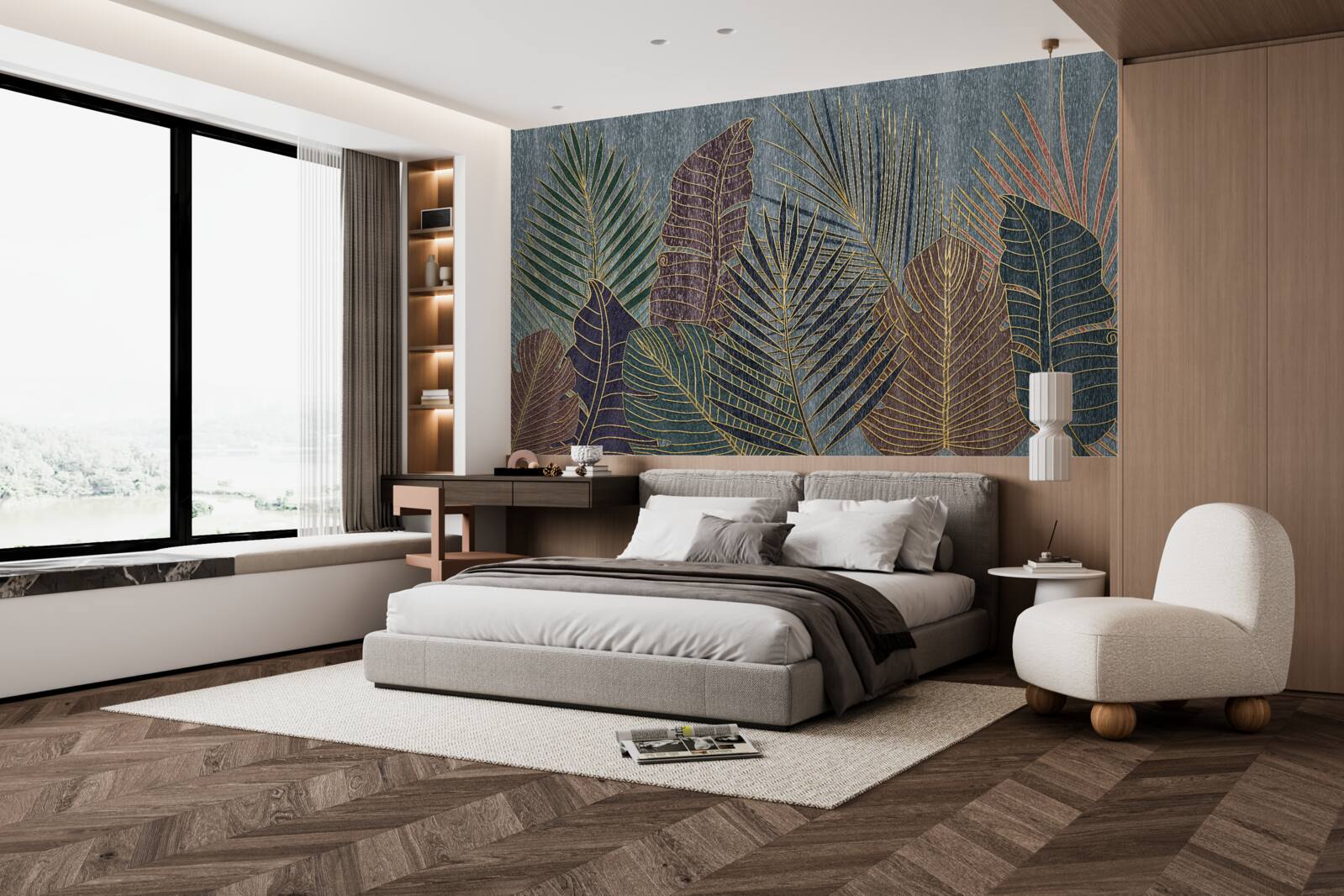 Фотошпалери захід сонця в тропічному лісі, оповитому абстракцією