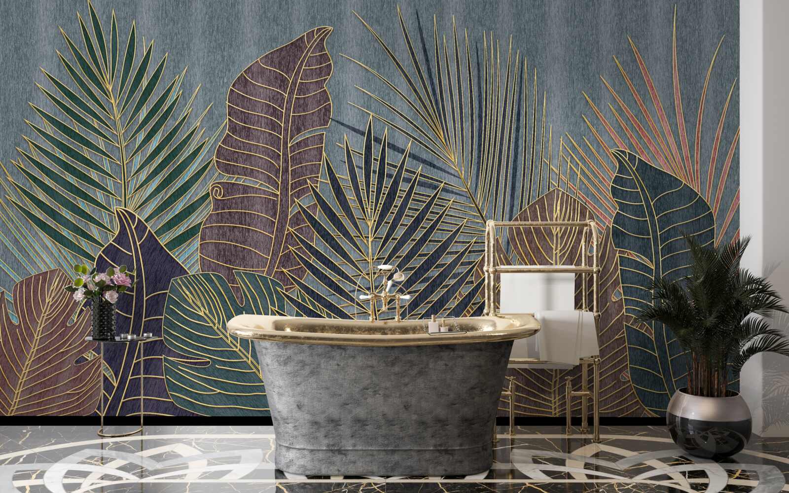 Фотошпалери захід сонця в тропічному лісі, оповитому абстракцією