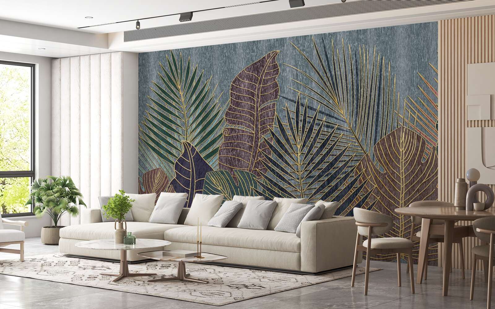 Фотошпалери захід сонця в тропічному лісі, оповитому абстракцією