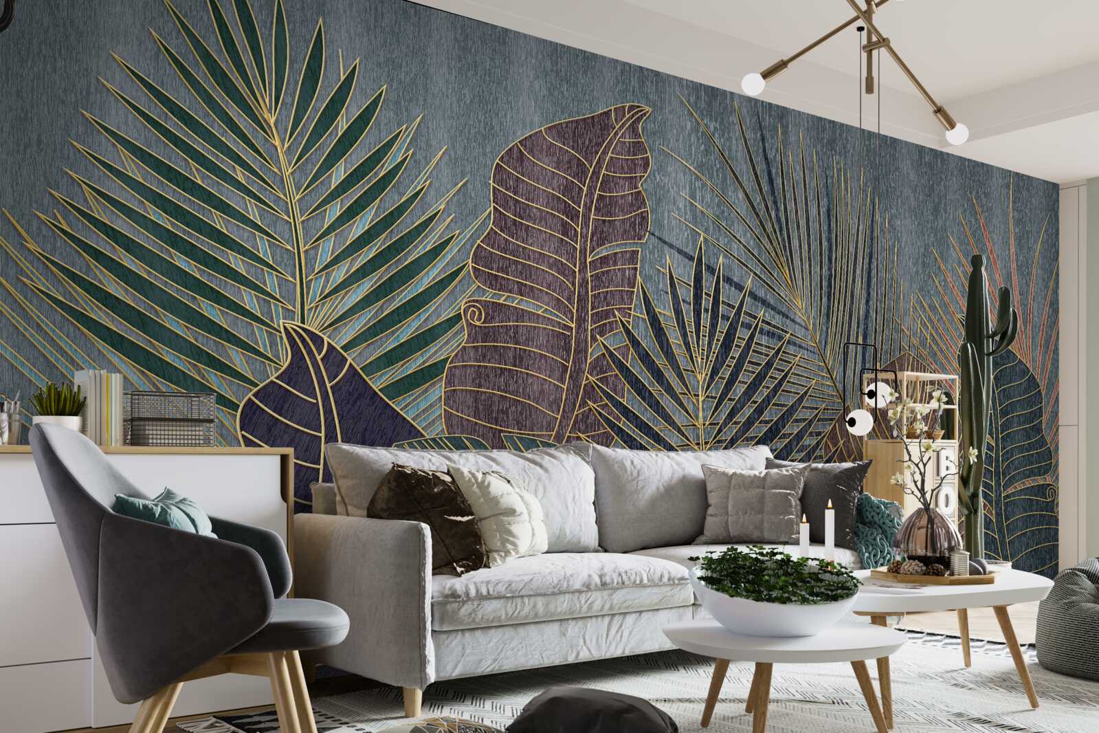 Фотошпалери захід сонця в тропічному лісі, оповитому абстракцією